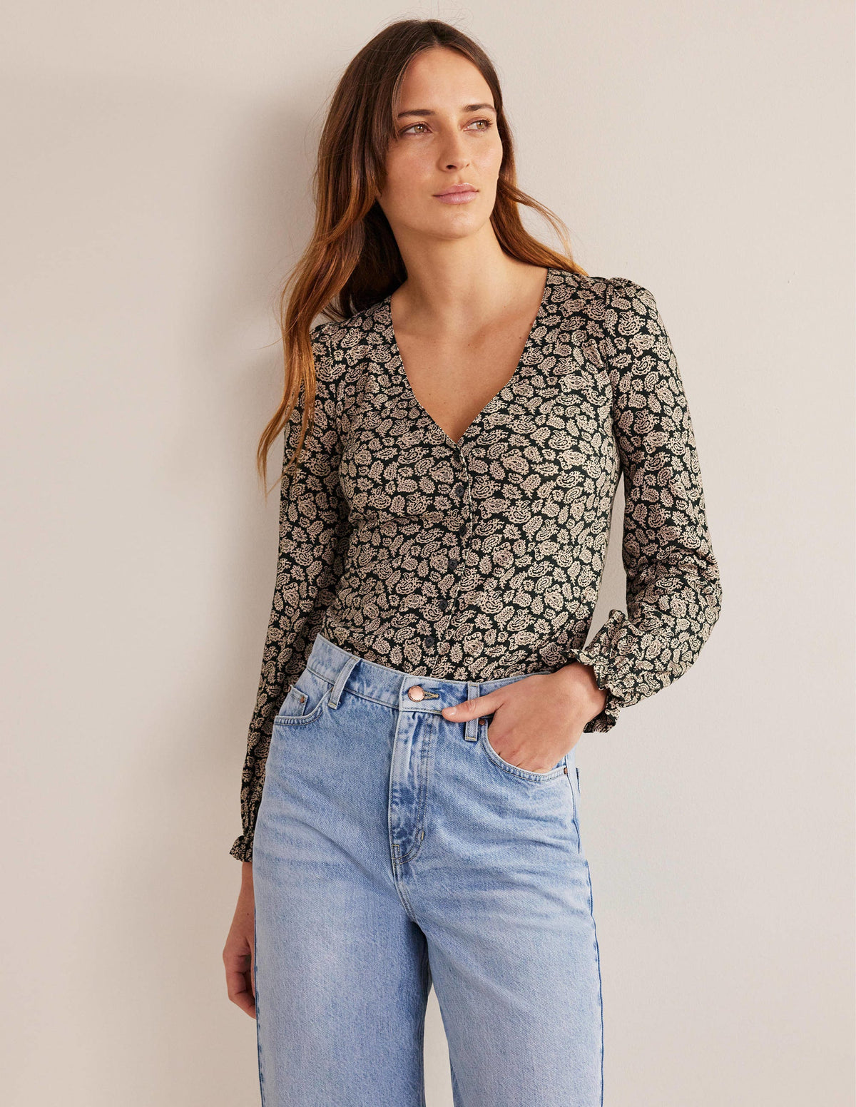 Button Front V-Neck Top-Cavelo Nero, Paisley Pop - Image 1