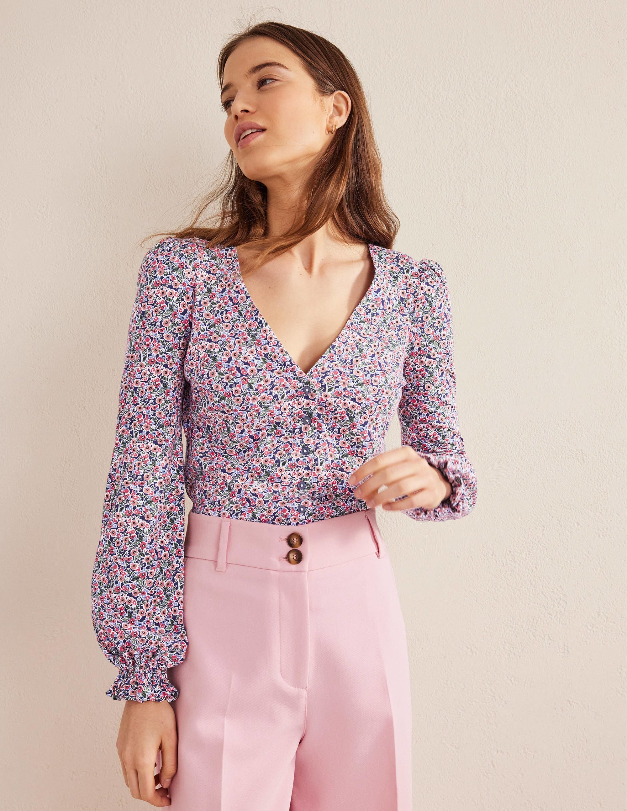 Button Front V-Neck Top-Multi, Petal Toile - Image 1