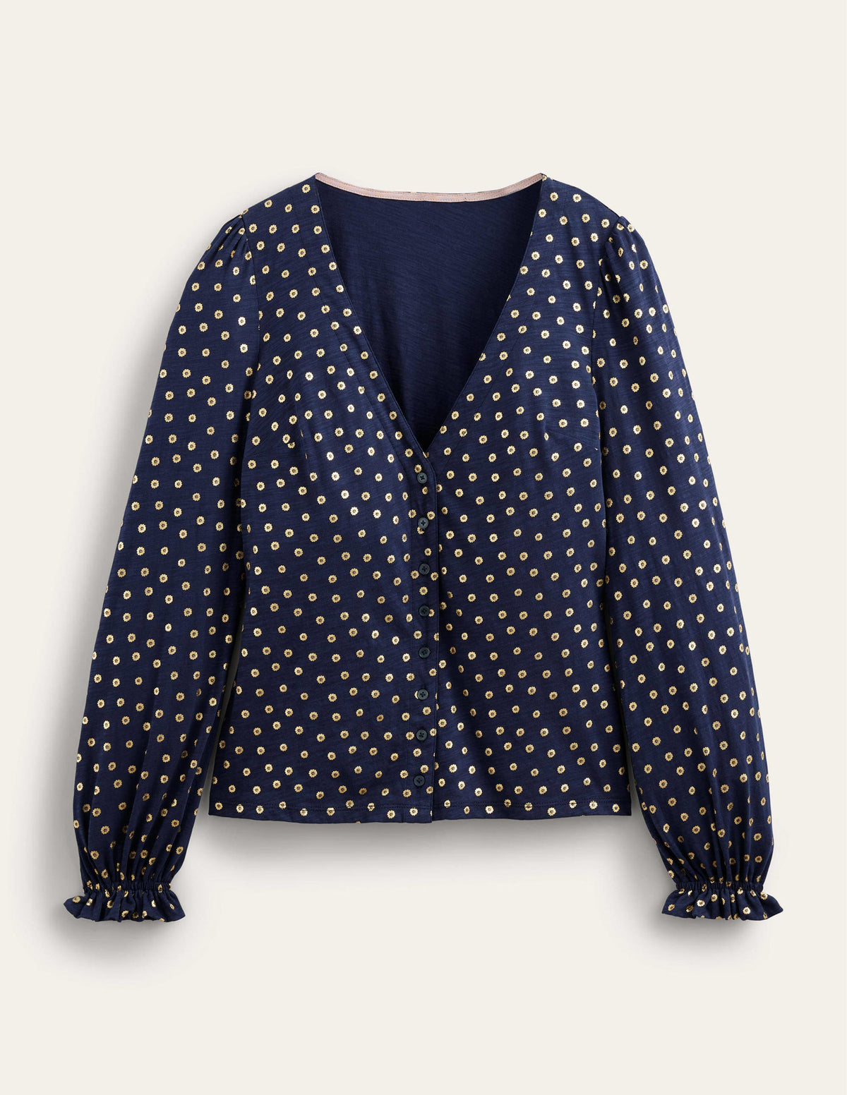 Button Front V-Neck Top-French Navy, Floral Dot - Image 5