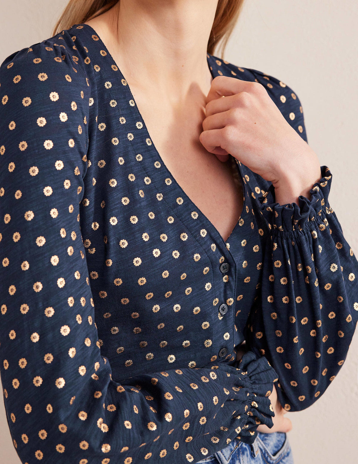 Button Front V-Neck Top-French Navy, Floral Dot-2