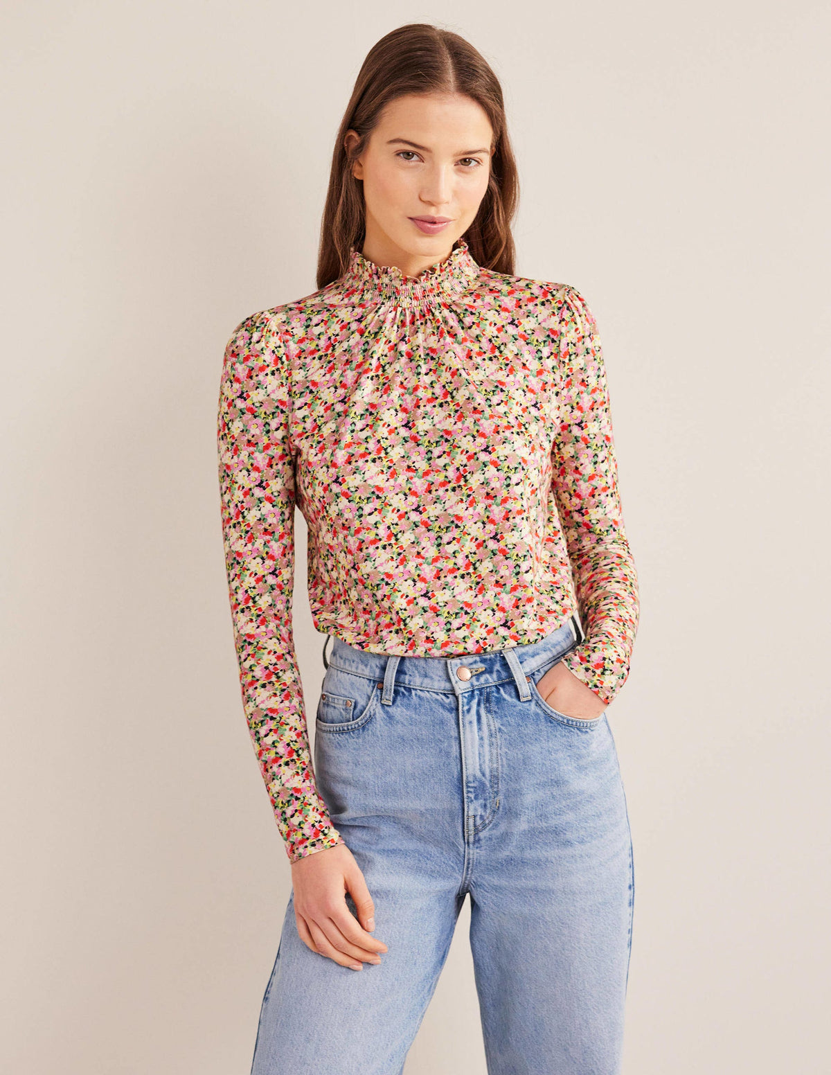 Smocked Neck Printed Top-Multi, Floral-1