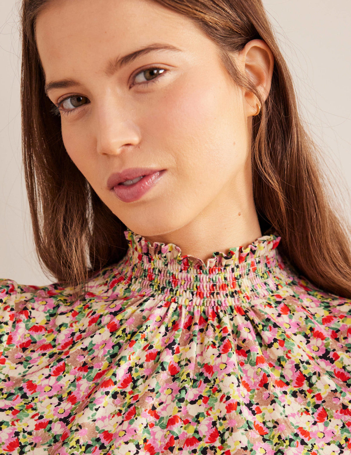 Smocked Neck Printed Top-Multi, Floral-2