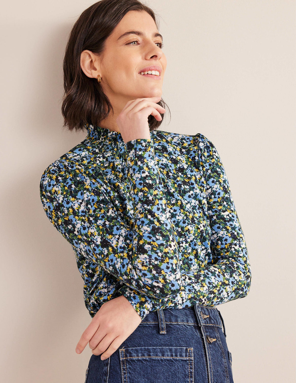 Smocked Neck Printed Top-Navy, Floral-1