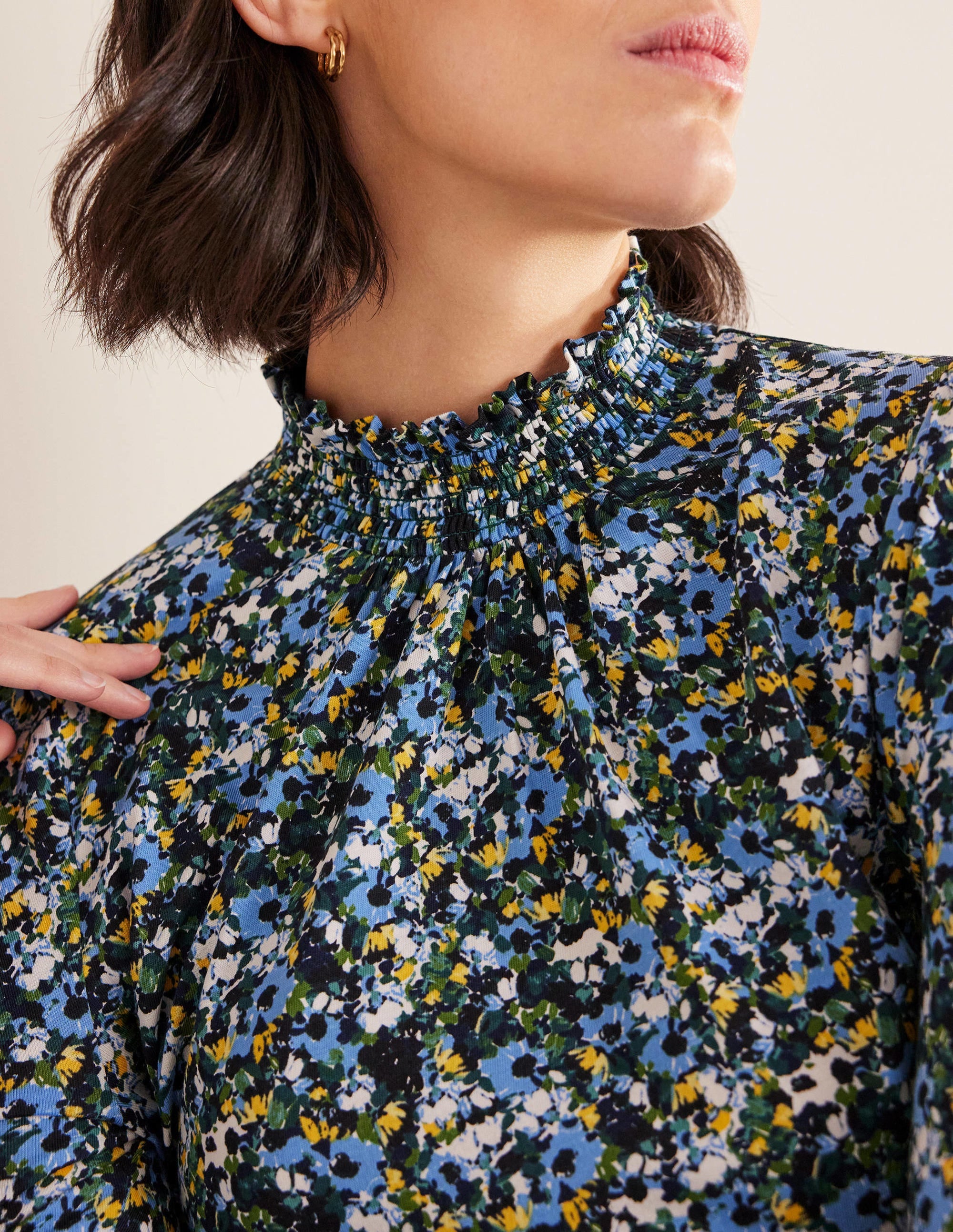 Smocked Neck Printed Top-Navy, Floral - Image 2