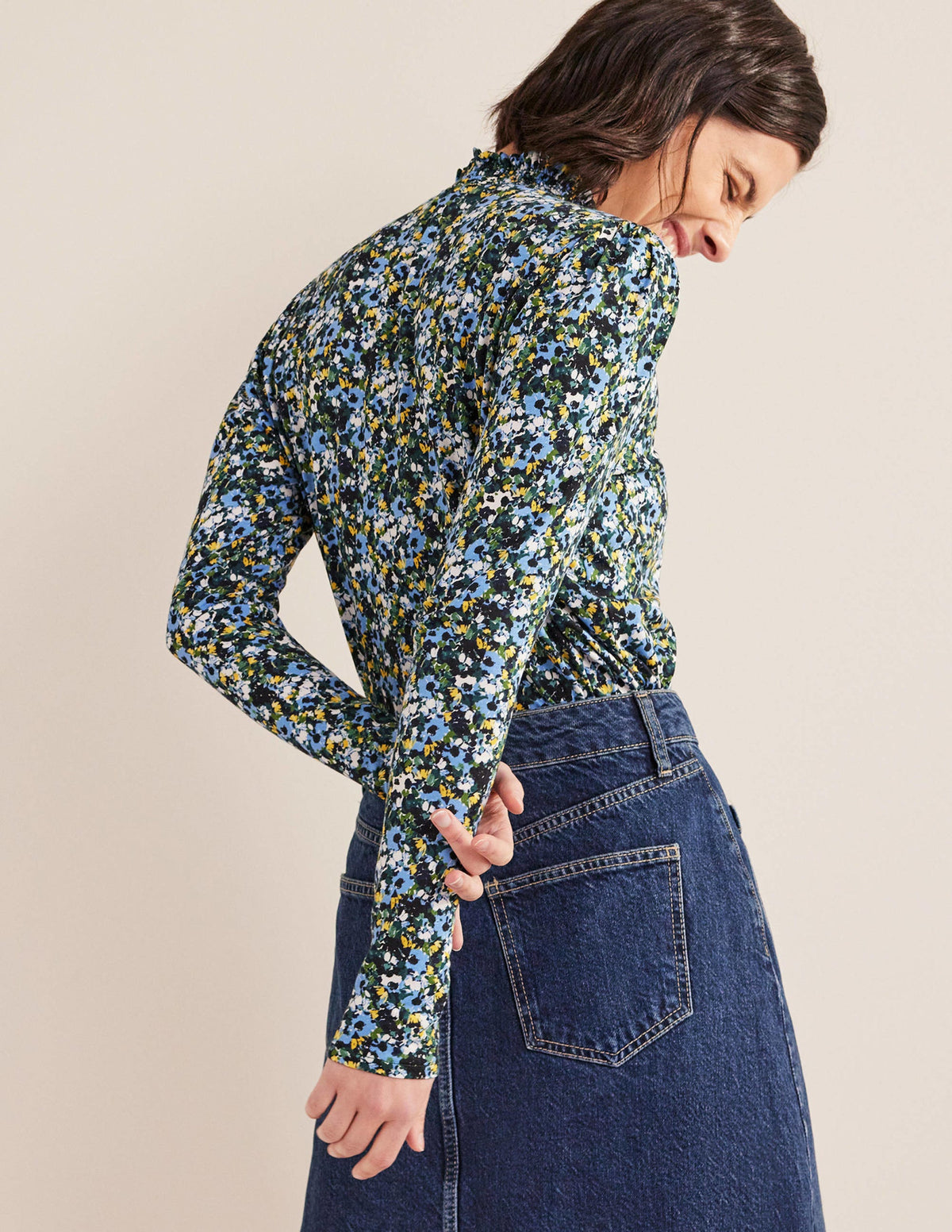 Smocked Neck Printed Top-Navy, Floral - Image 3