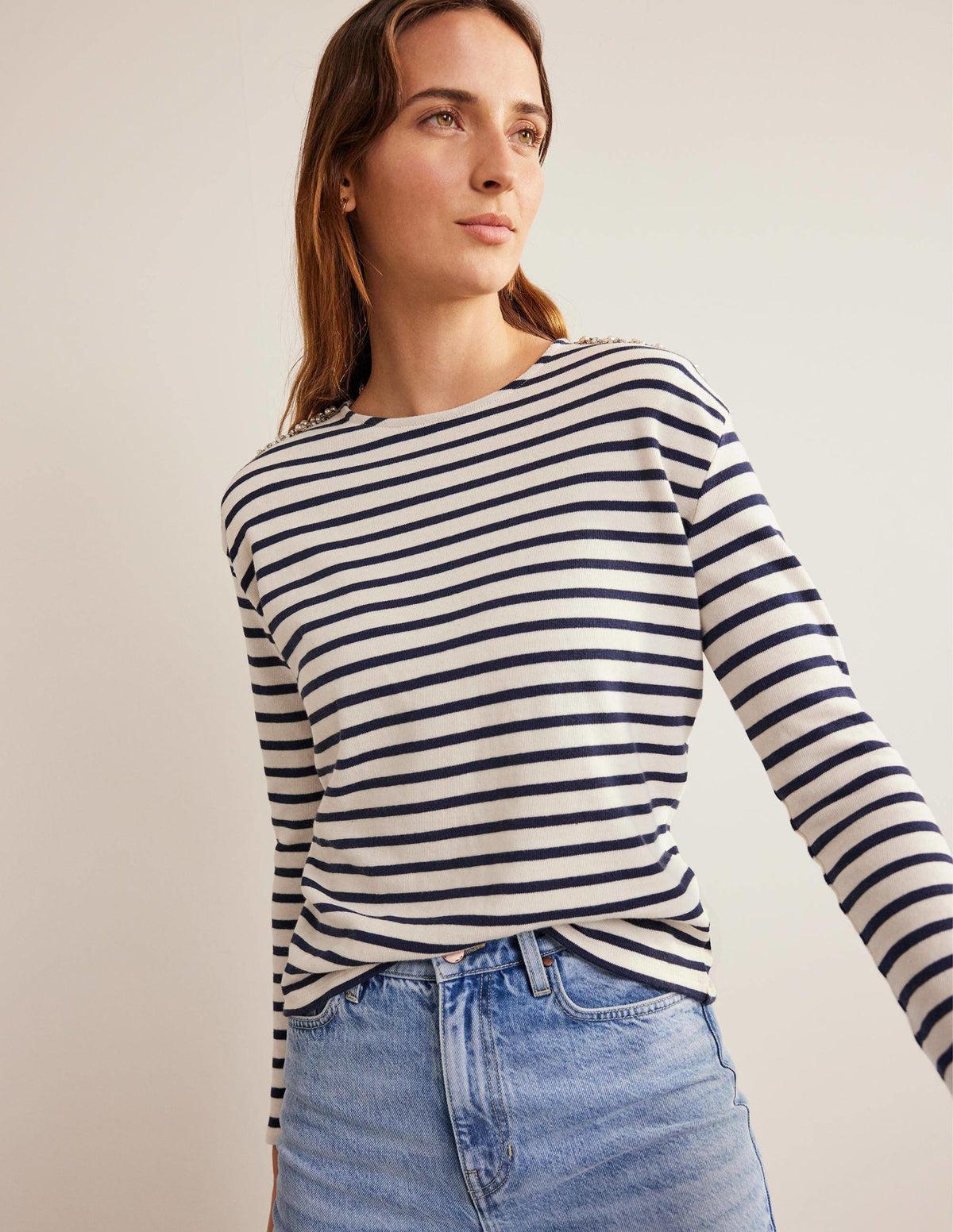 Embellished Shoulder Breton-Ivory/ Navy, Embellished - Image 1