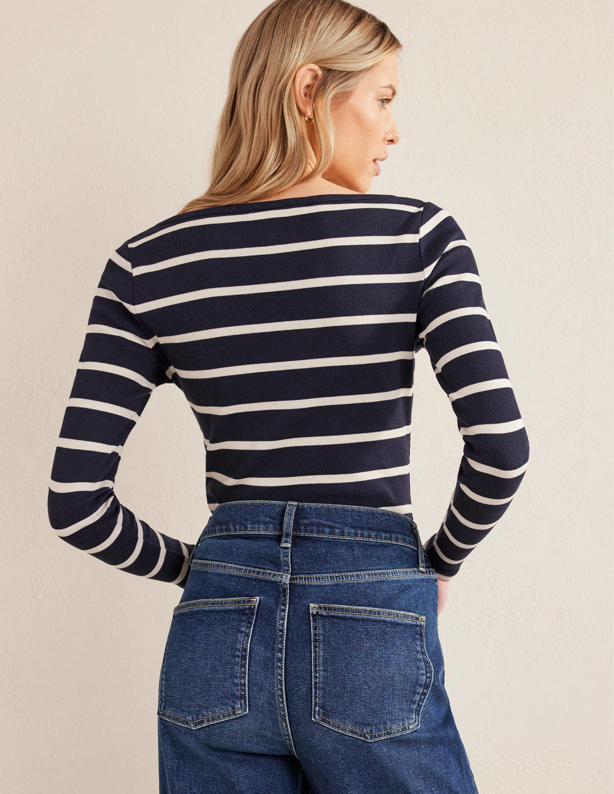 Henley Ribbed Top-Navy, Ivory - Image 3