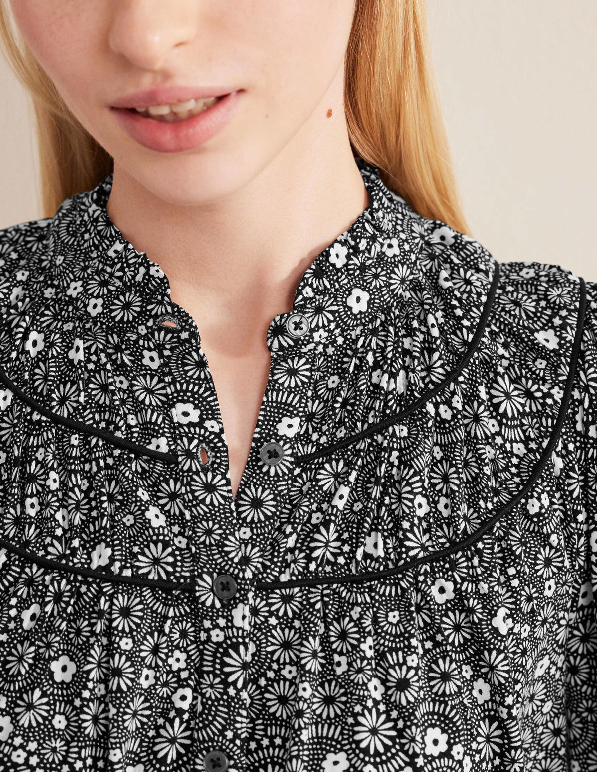 Ruched Yoke Jersey Shirt-Black, Dotty Daisy-2