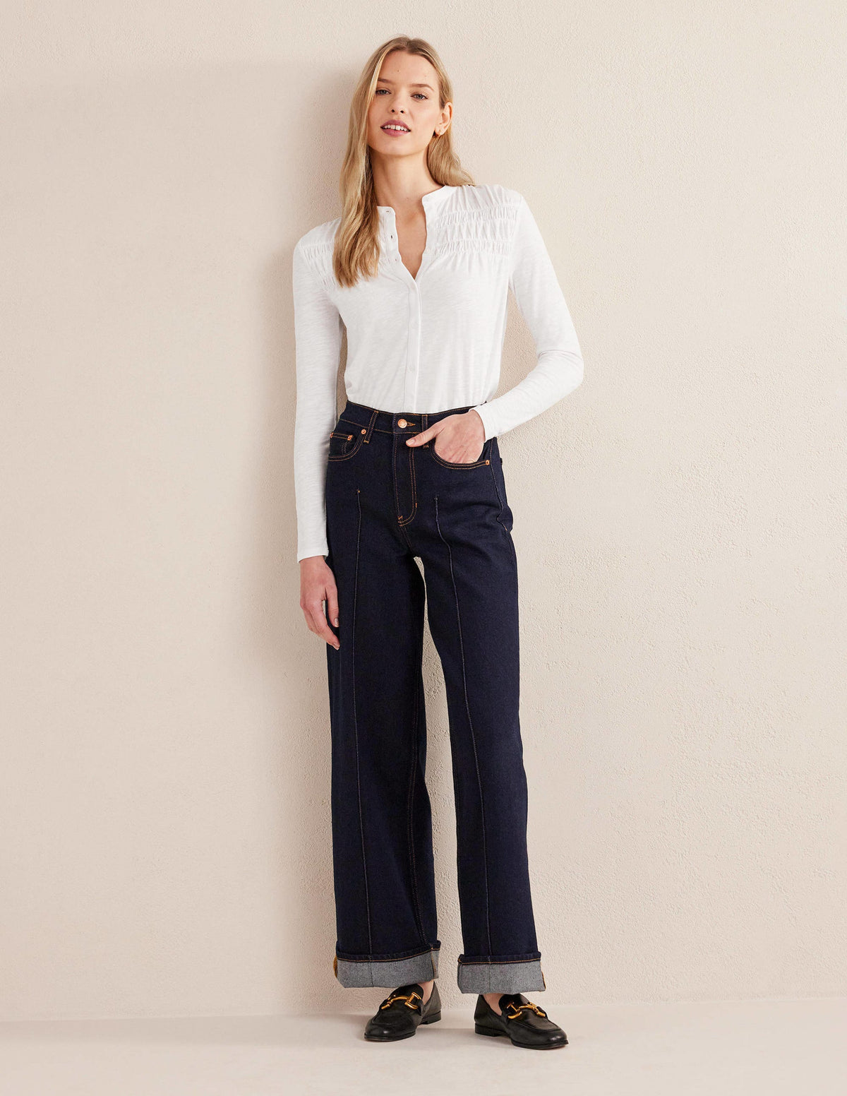 Ruched Yoke Detail Shirt-White-4
