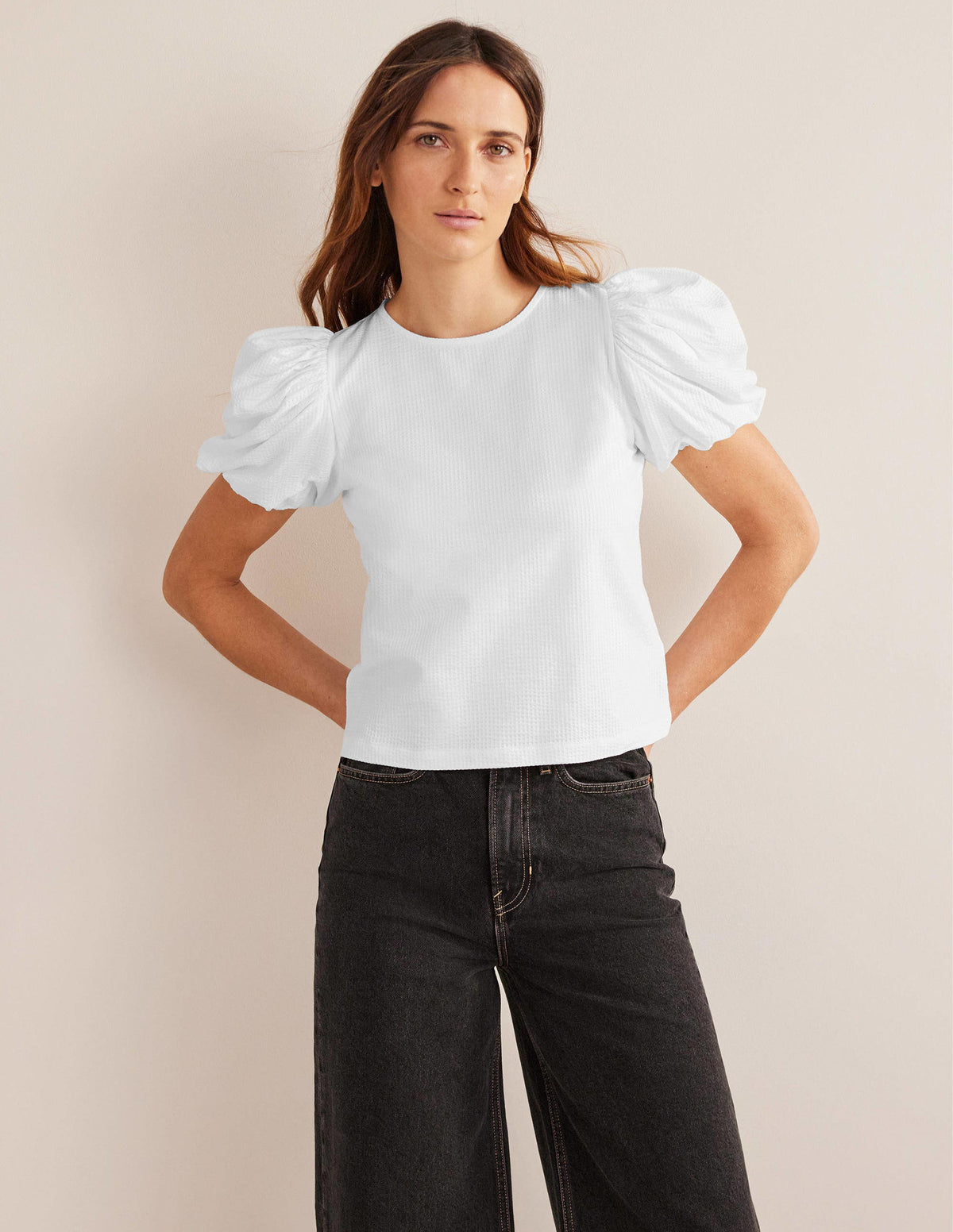 Puff Sleeve Jersey Top-White-1