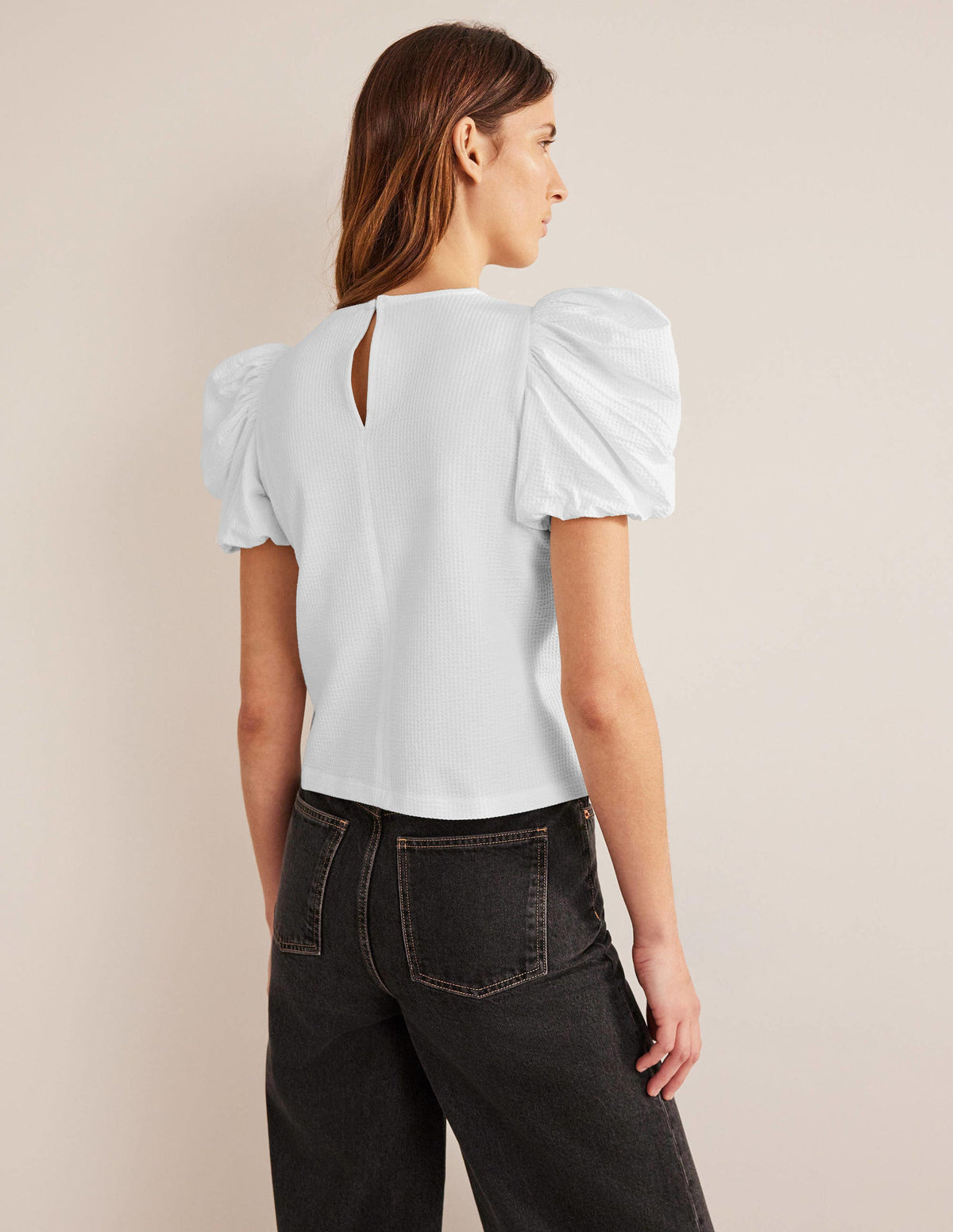 Puff Sleeve Jersey Top-White-3