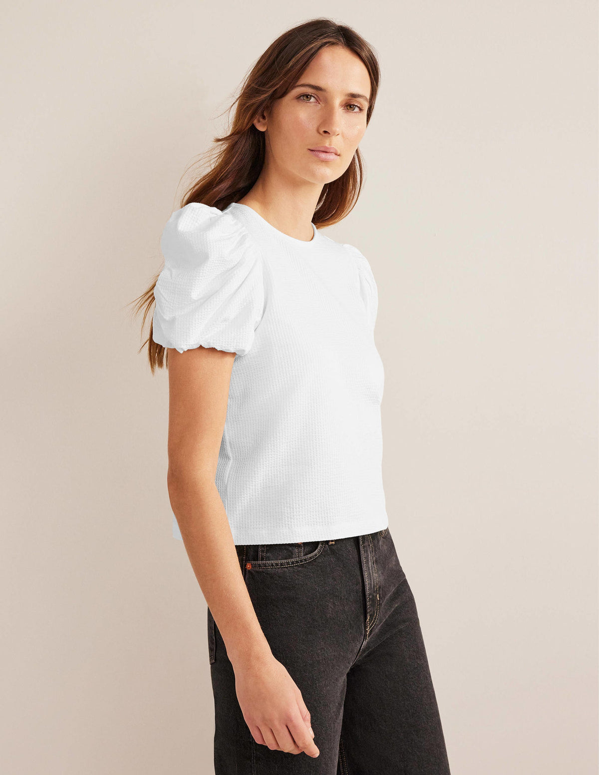 Puff Sleeve Jersey Top-White-4