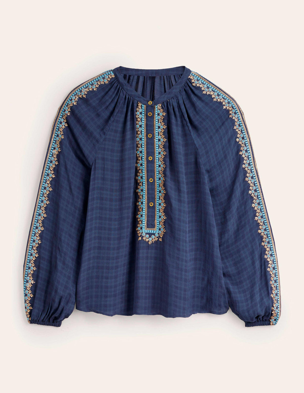 Embroidered Popover Blouse-Navy-5