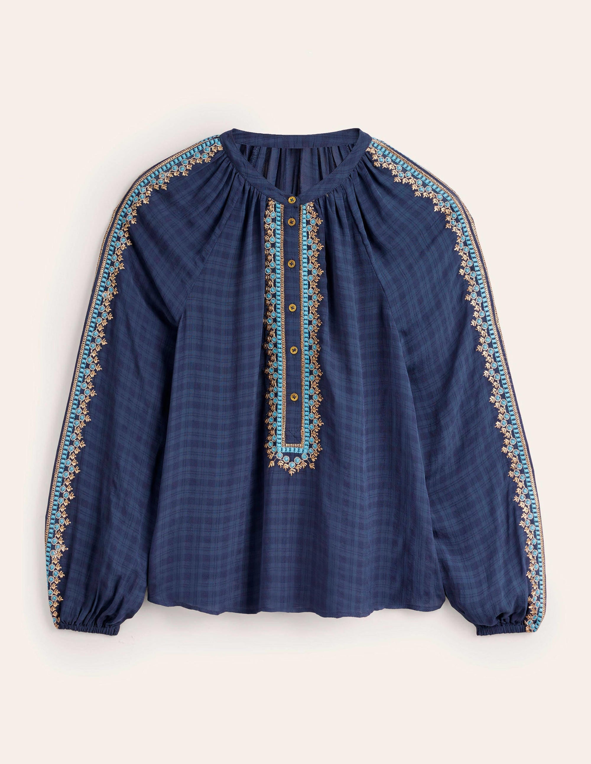 Embroidered Popover Blouse-Navy - Image 5