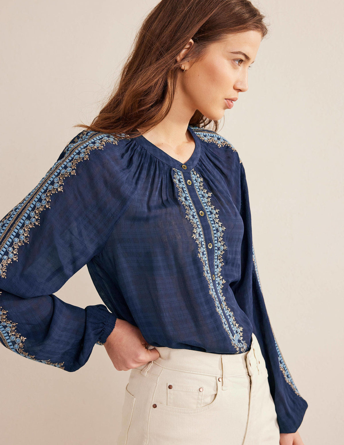 Embroidered Popover Blouse-Navy - Image 1