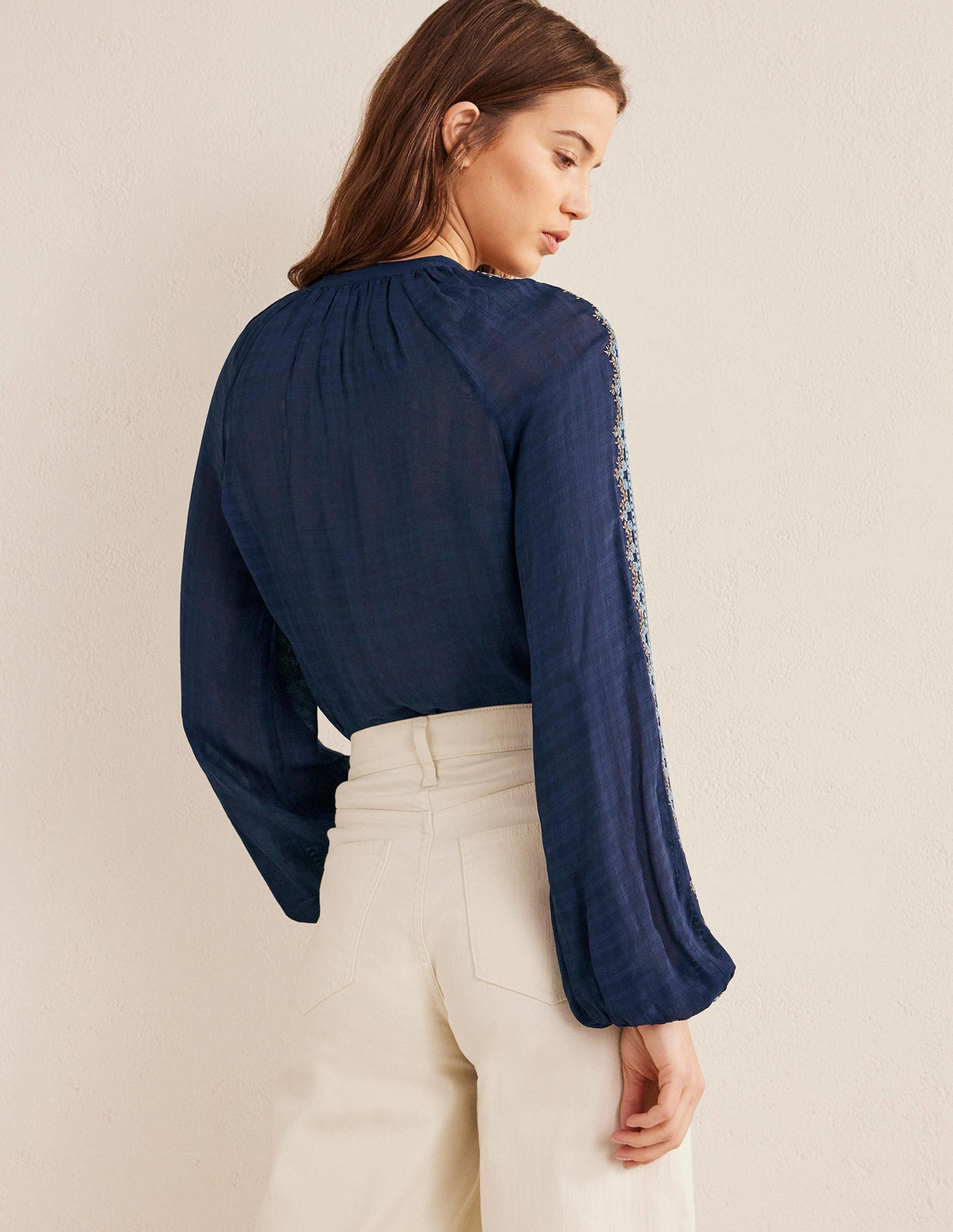 Embroidered Popover Blouse-Navy-3