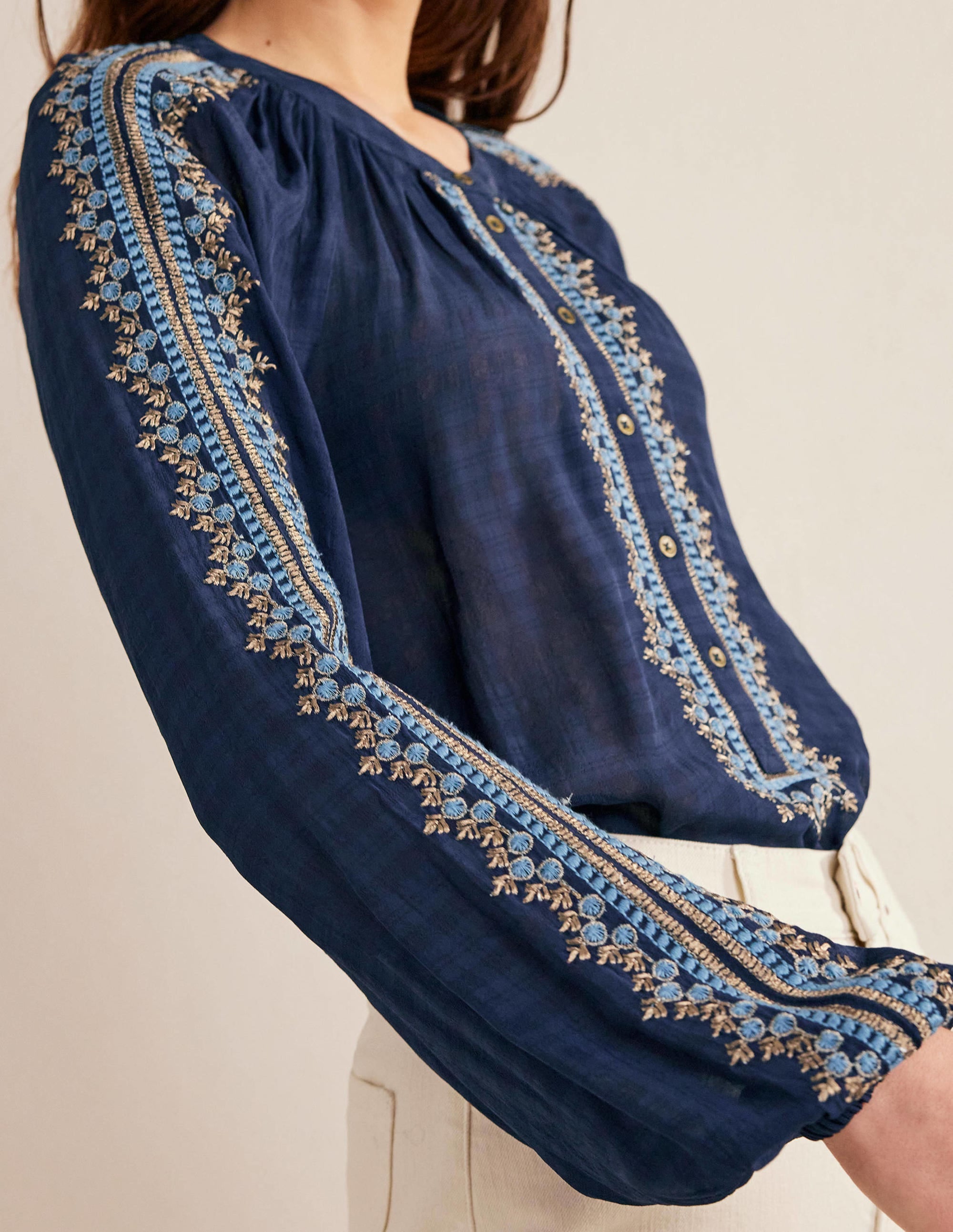 Embroidered Popover Blouse-Navy - Image 4