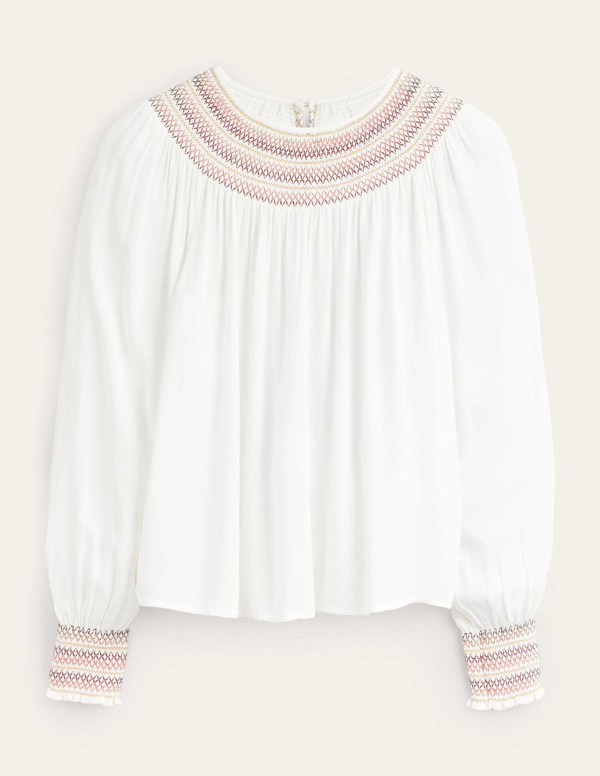 Smocked Crew Neck Top-Ivory-5