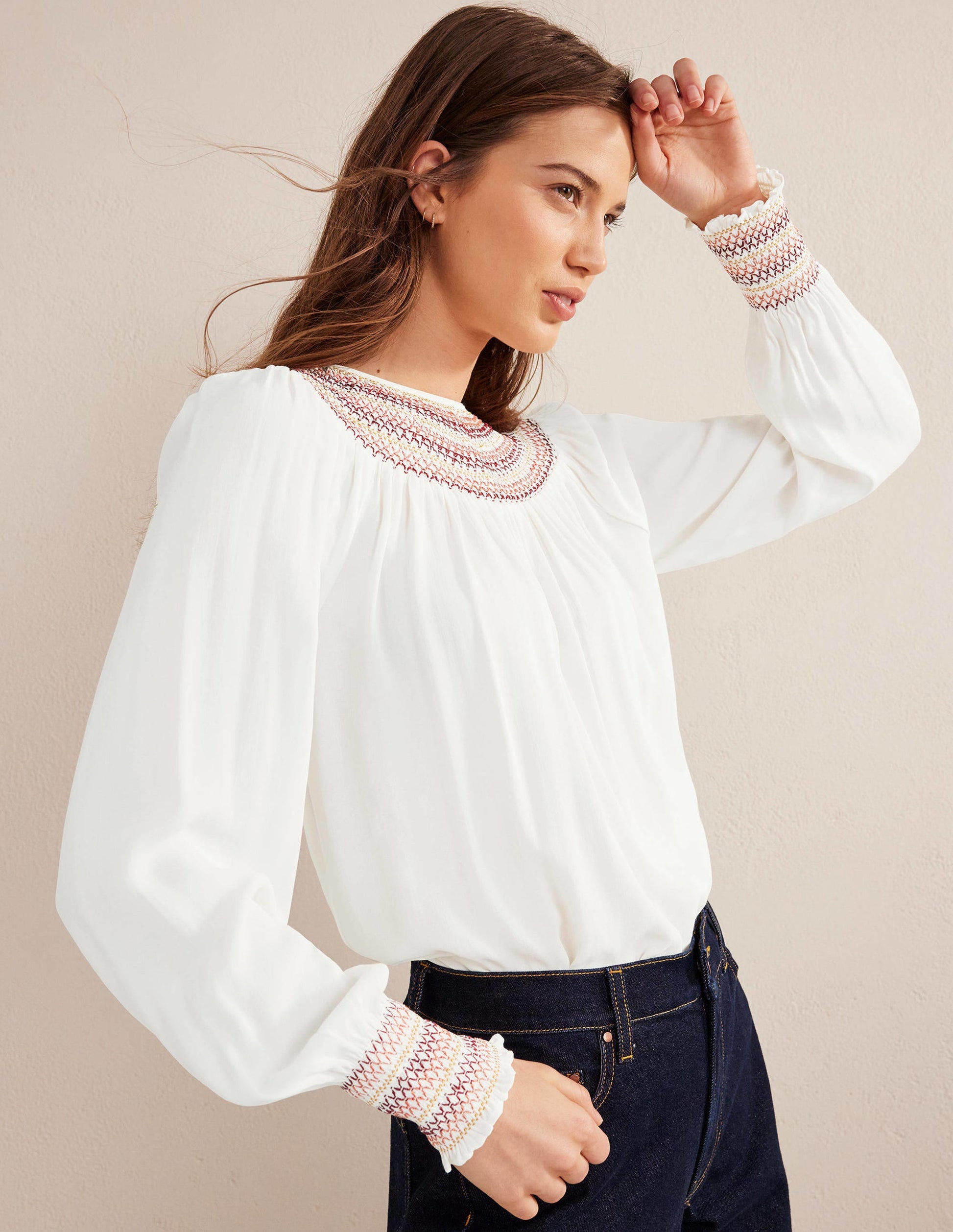 Smocked Crew Neck Top-Ivory-1