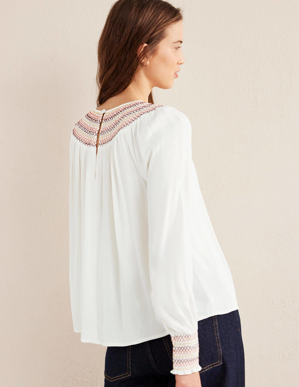 Smocked Crew Neck Top-Ivory - Image 3