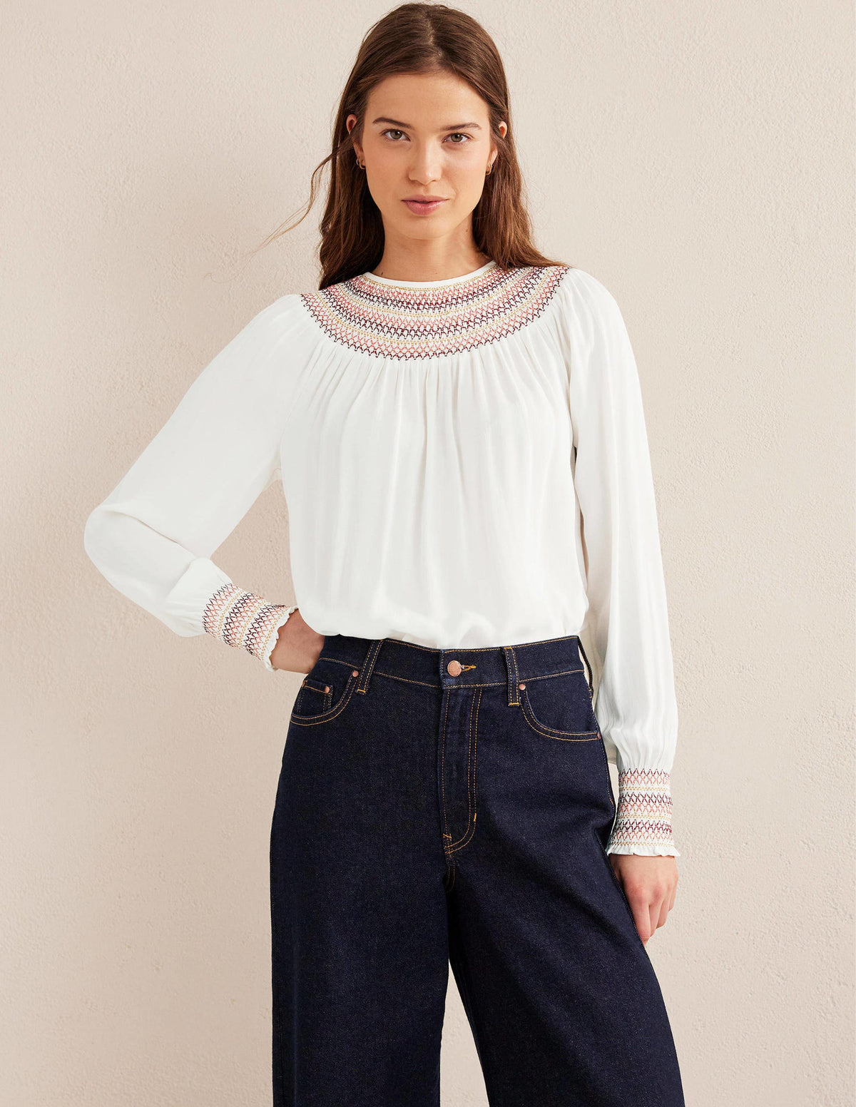 Smocked Crew Neck Top-Ivory-4