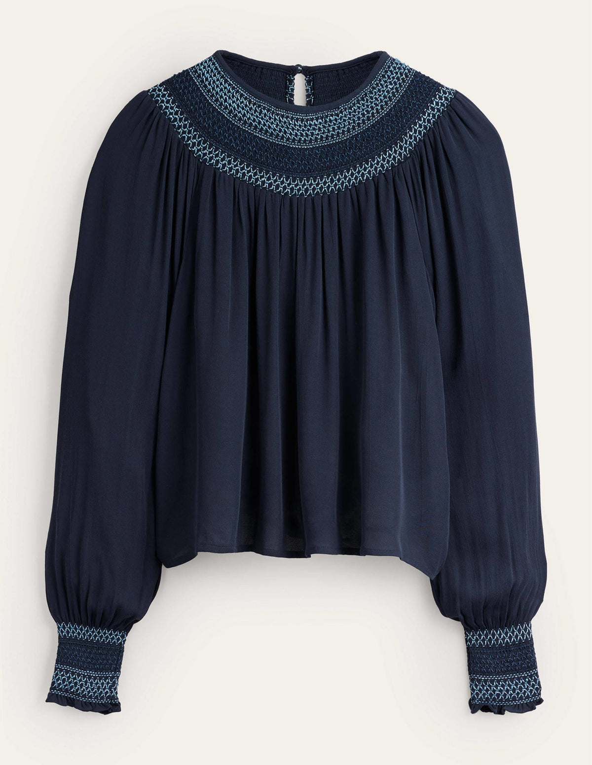 Smocked Crew Neck Top-Navy - Image 5