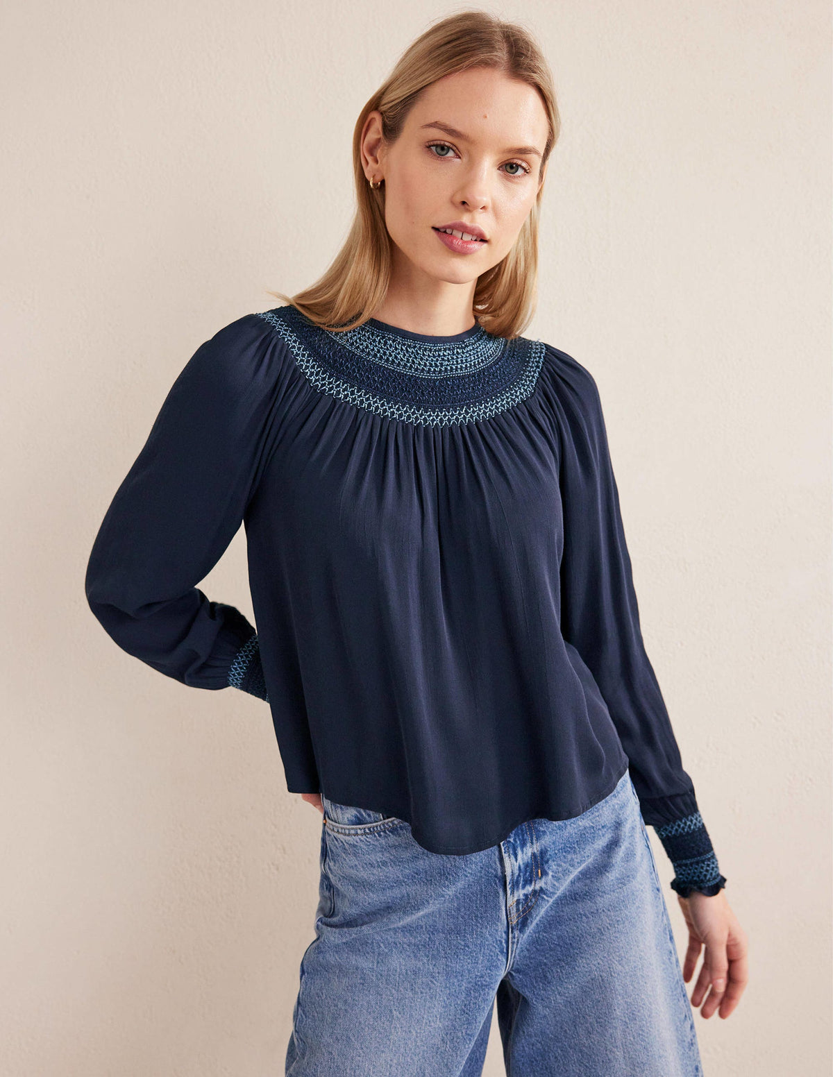 Smocked Crew Neck Top-Navy - Image 1