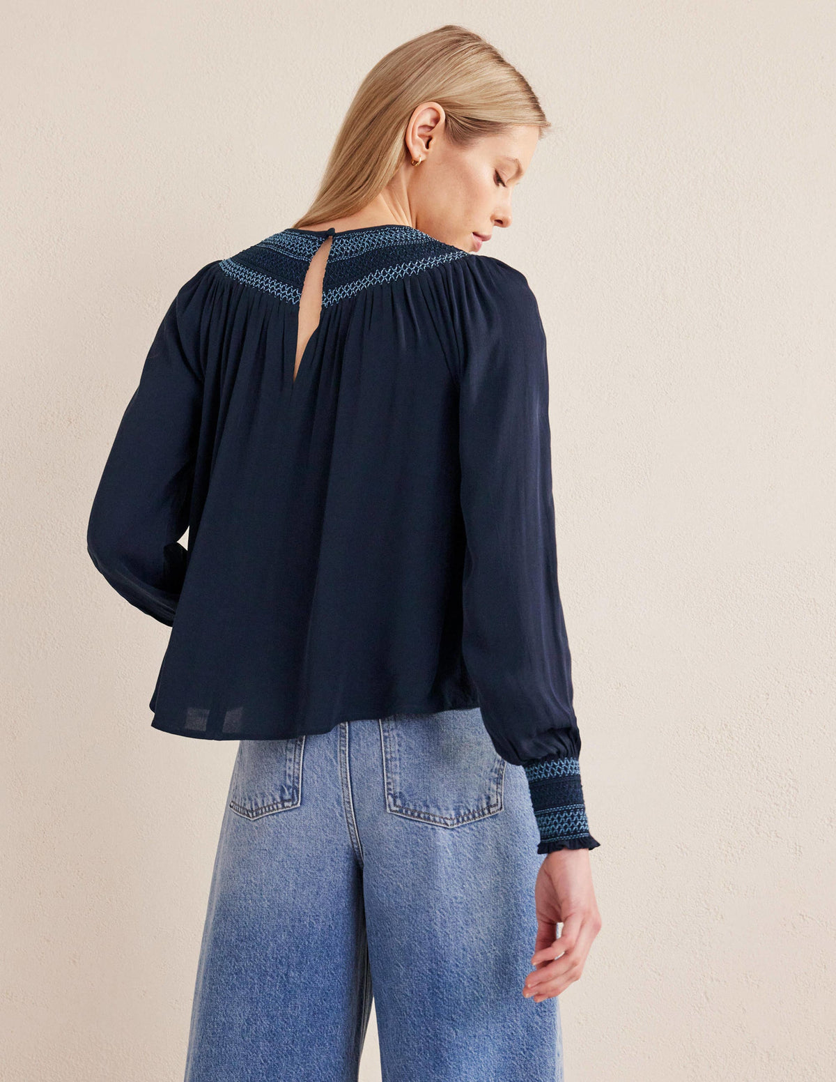 Smocked Crew Neck Top-Navy-3