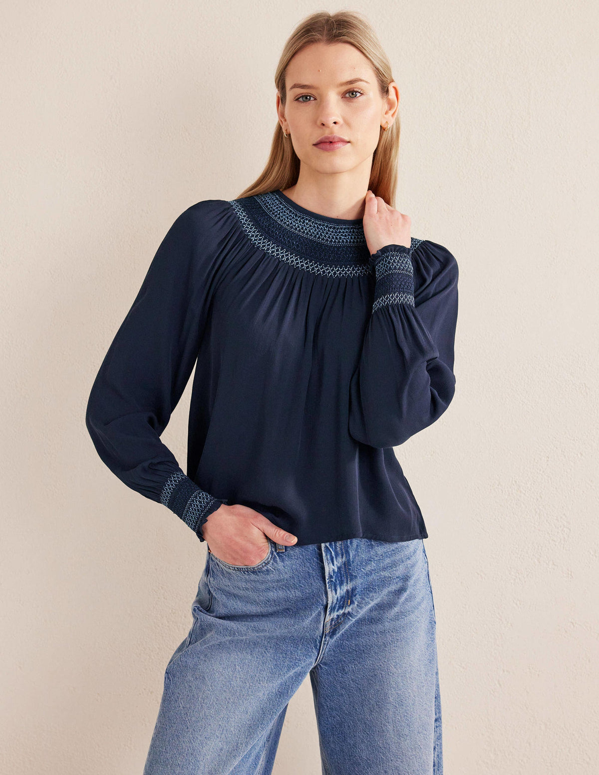 Smocked Crew Neck Top-Navy-4