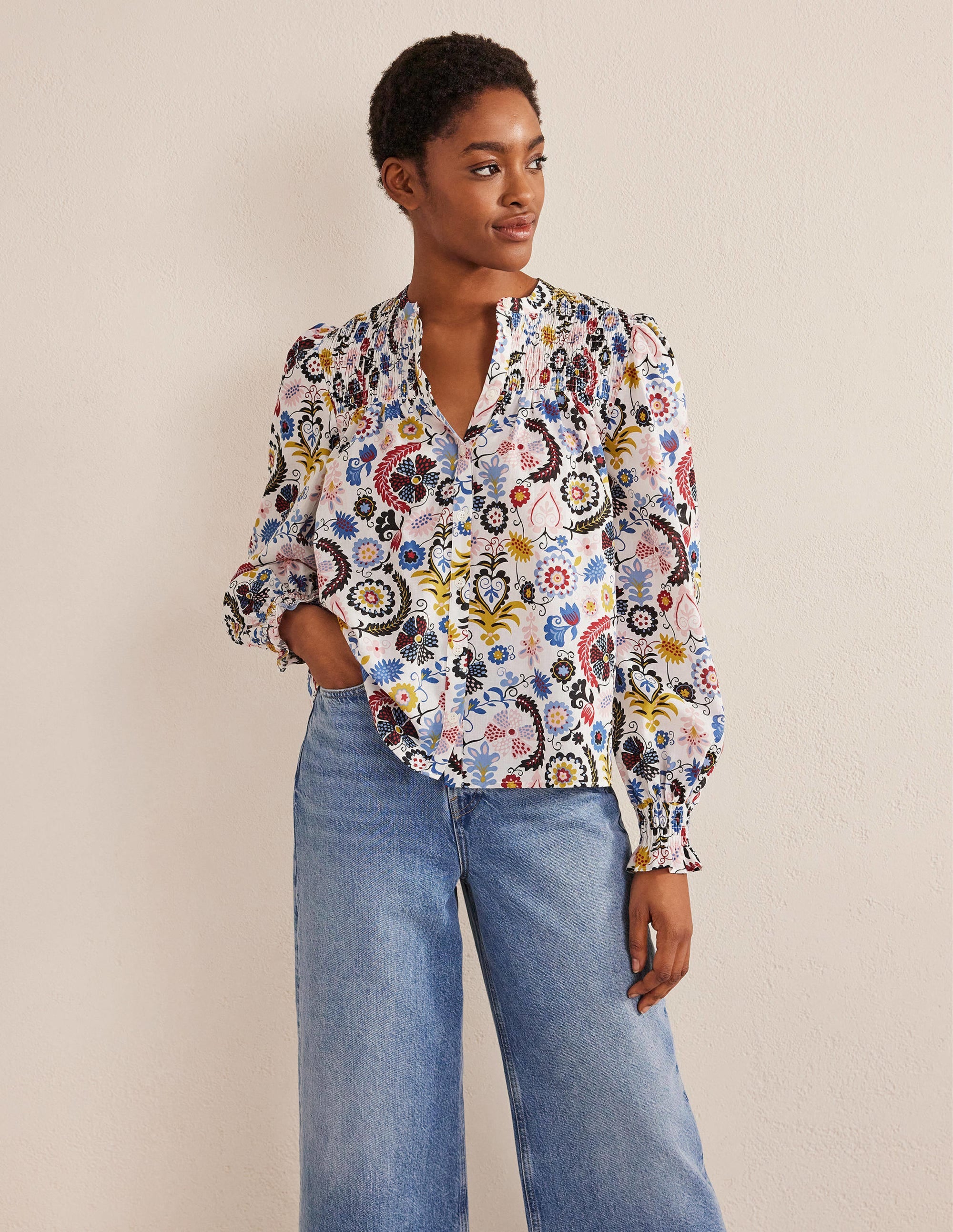 Smocked Yoke Cotton Blouse-Ivory, Tropic Charm - Image 4