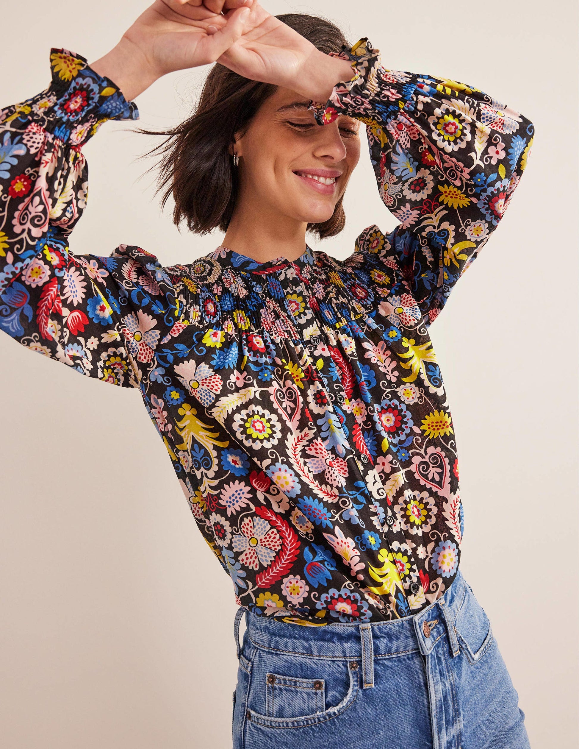 Smocked Yoke Cotton Blouse-Multi, Tropic Charm-1