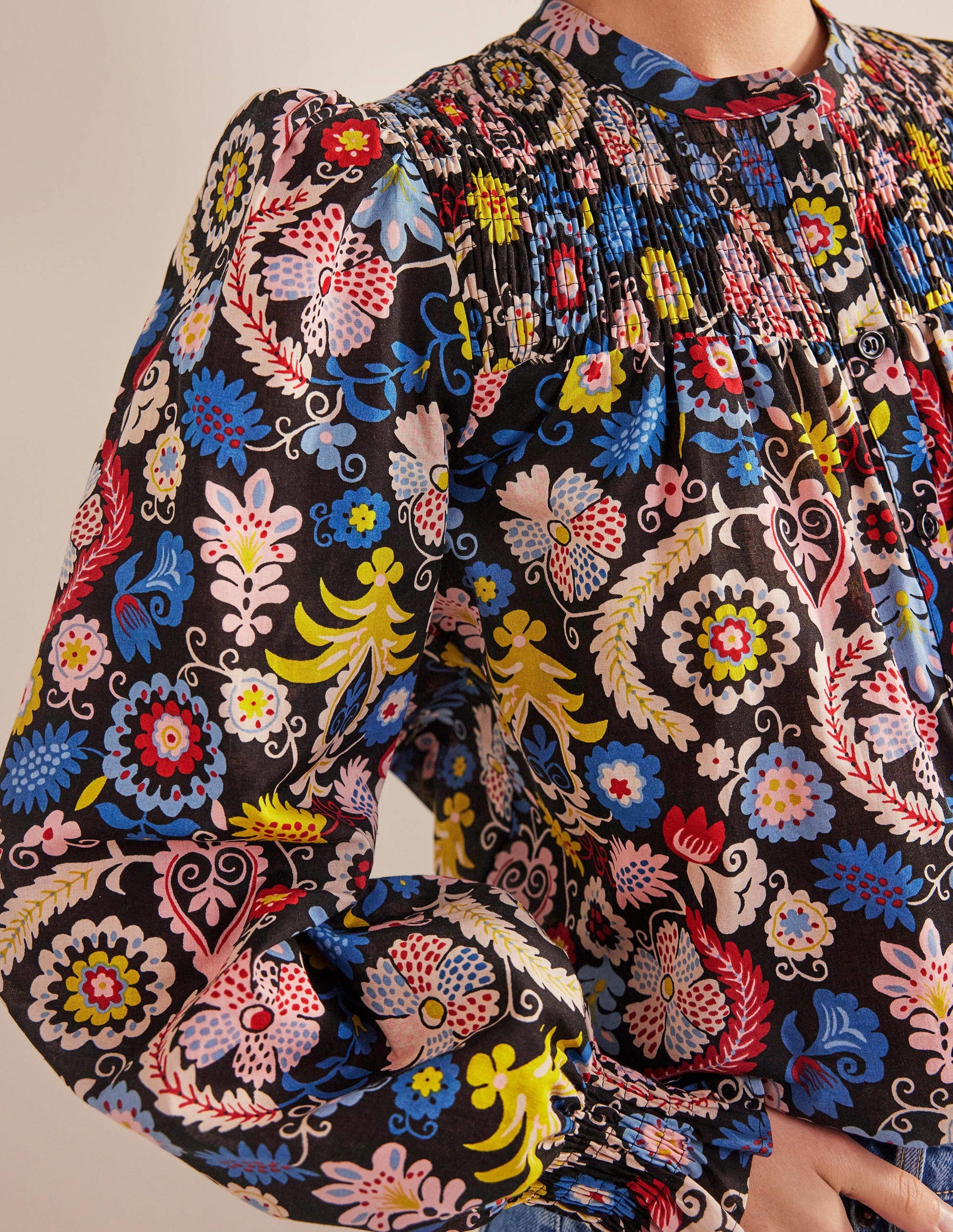 Smocked Yoke Cotton Blouse-Multi, Tropic Charm-2