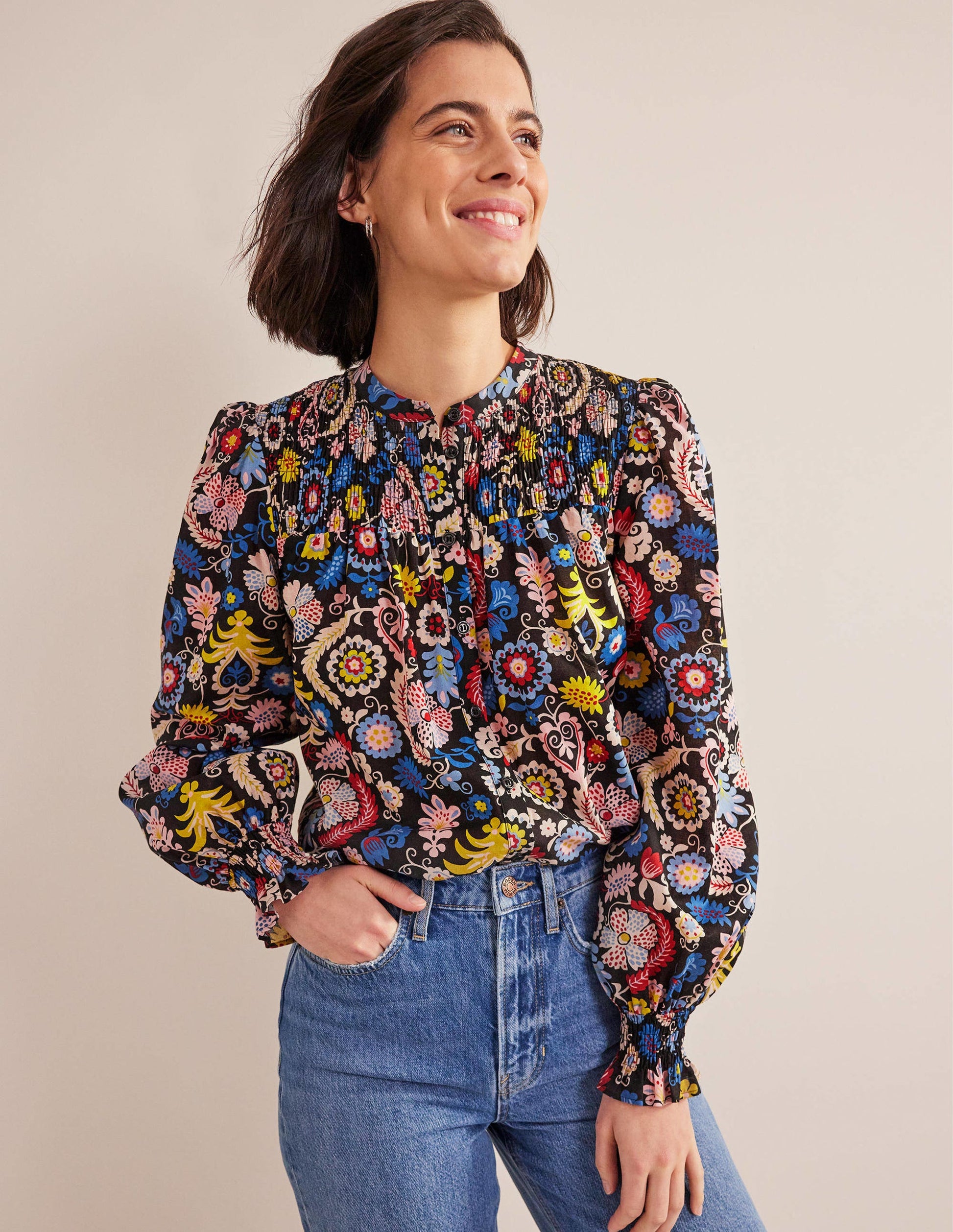 Smocked Yoke Cotton Blouse-Multi, Tropic Charm-4