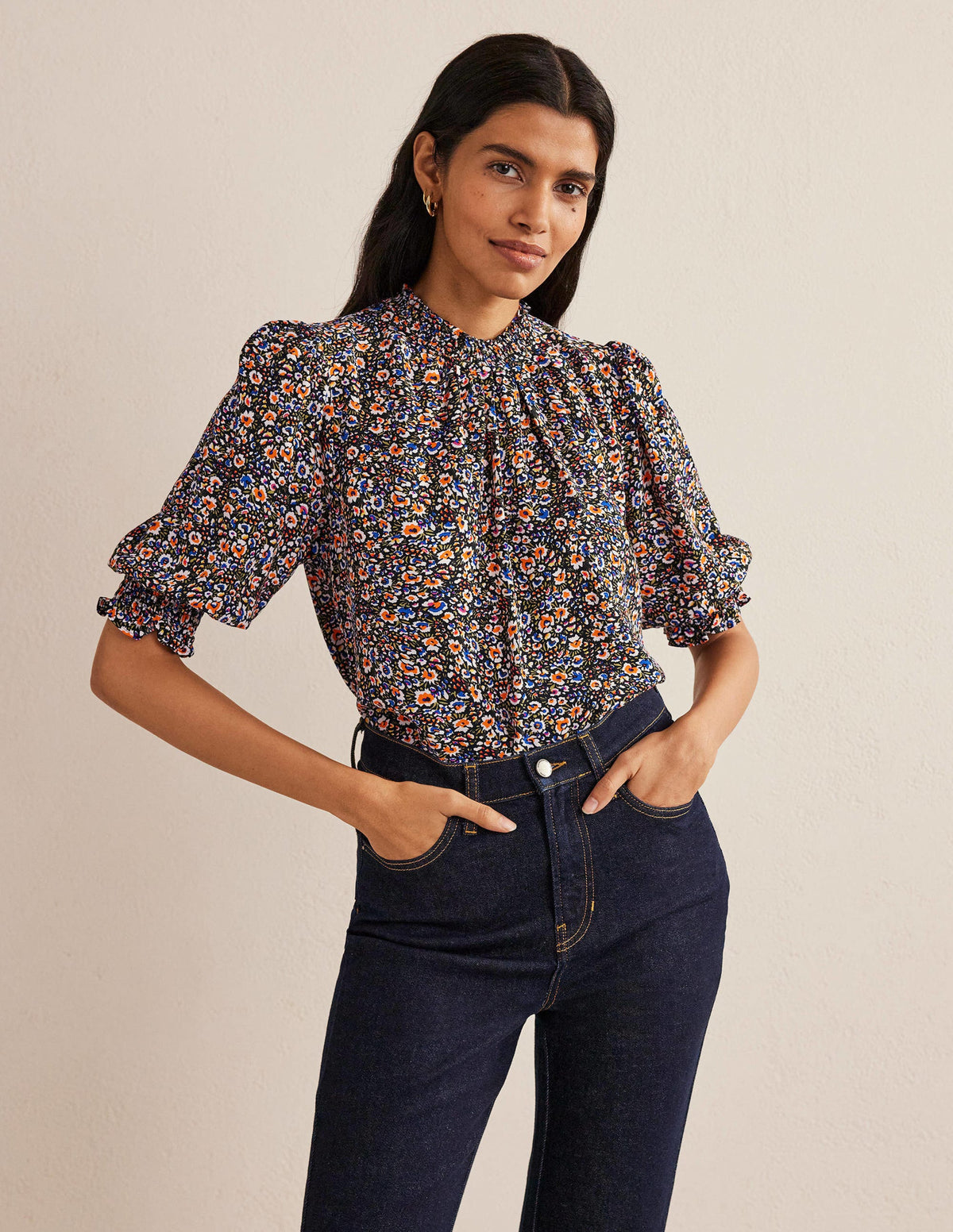 Smocked Detail Printed Top-Multi, Eden Bloom-1