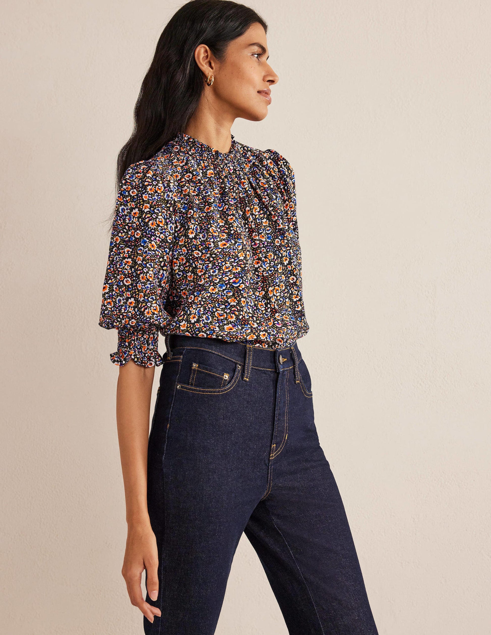 Smocked Detail Printed Top-Multi, Eden Bloom-4