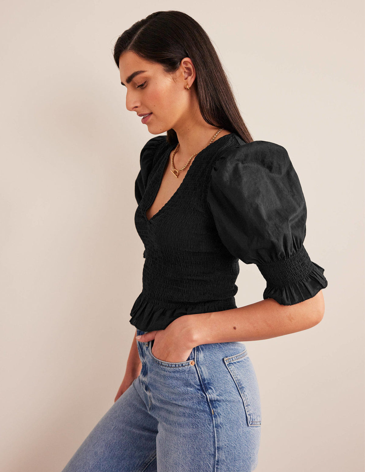 Smocked Bodice Crop Top-Black-1