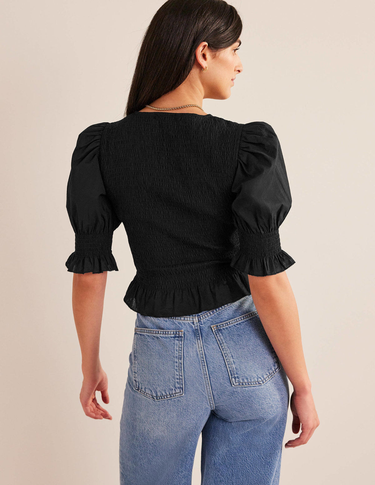 Smocked Bodice Crop Top-Black - Image 3