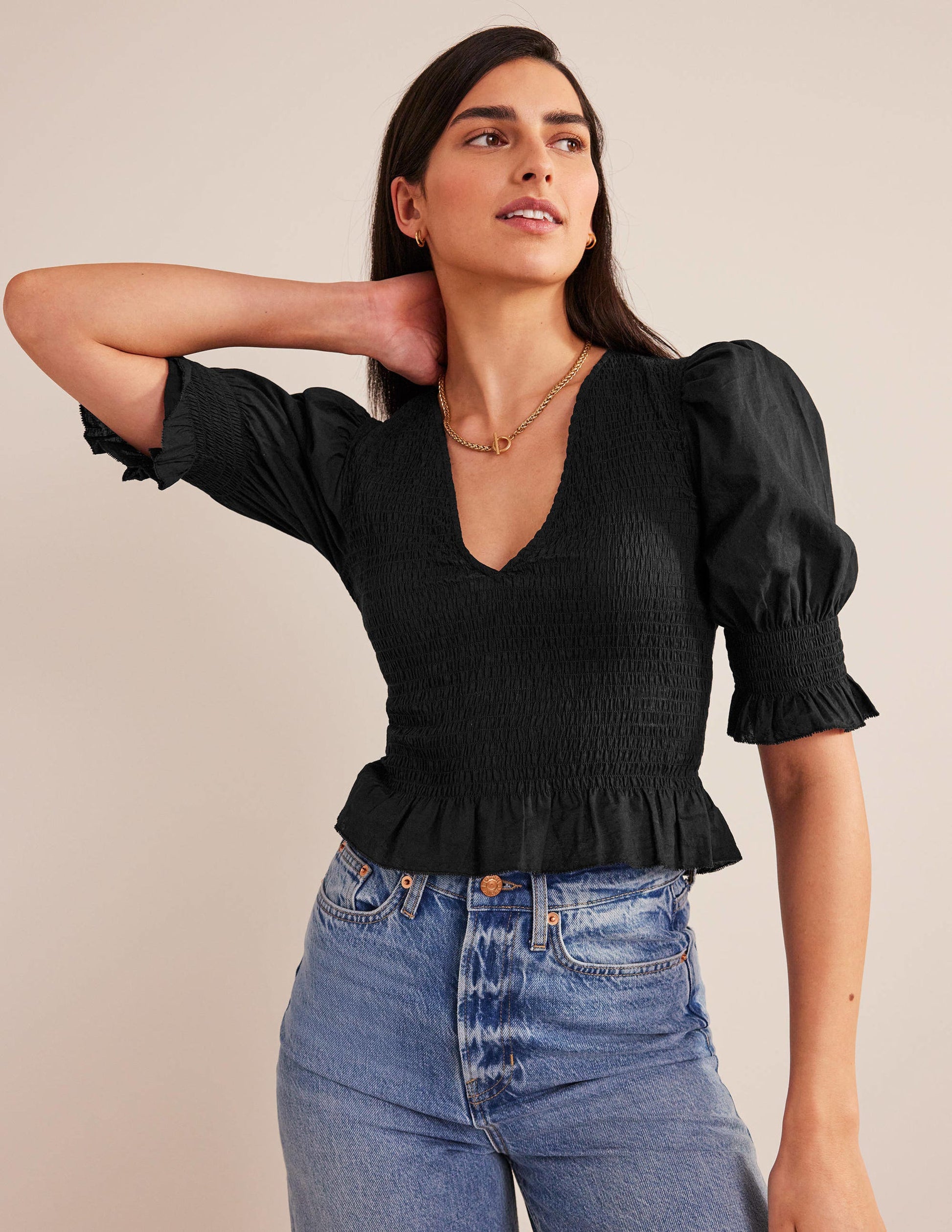 Smocked Bodice Crop Top-Black-4