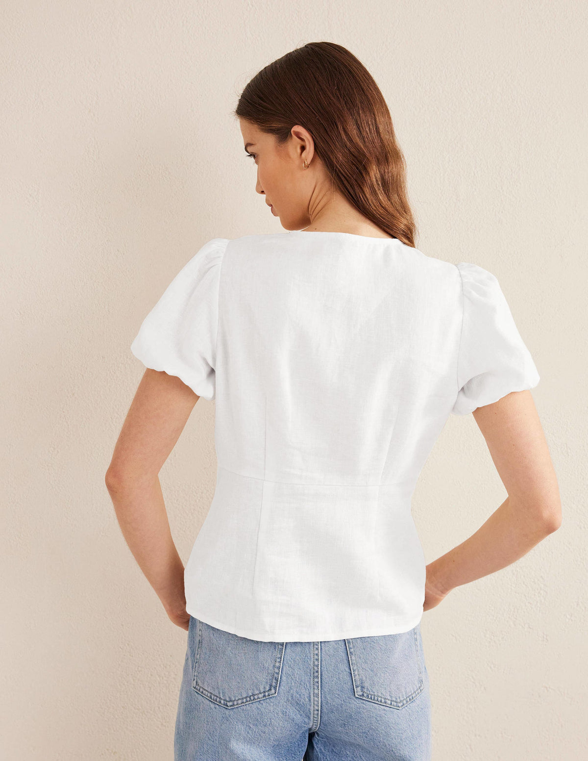 Fitted Linen V-neck Top-White - Image 3