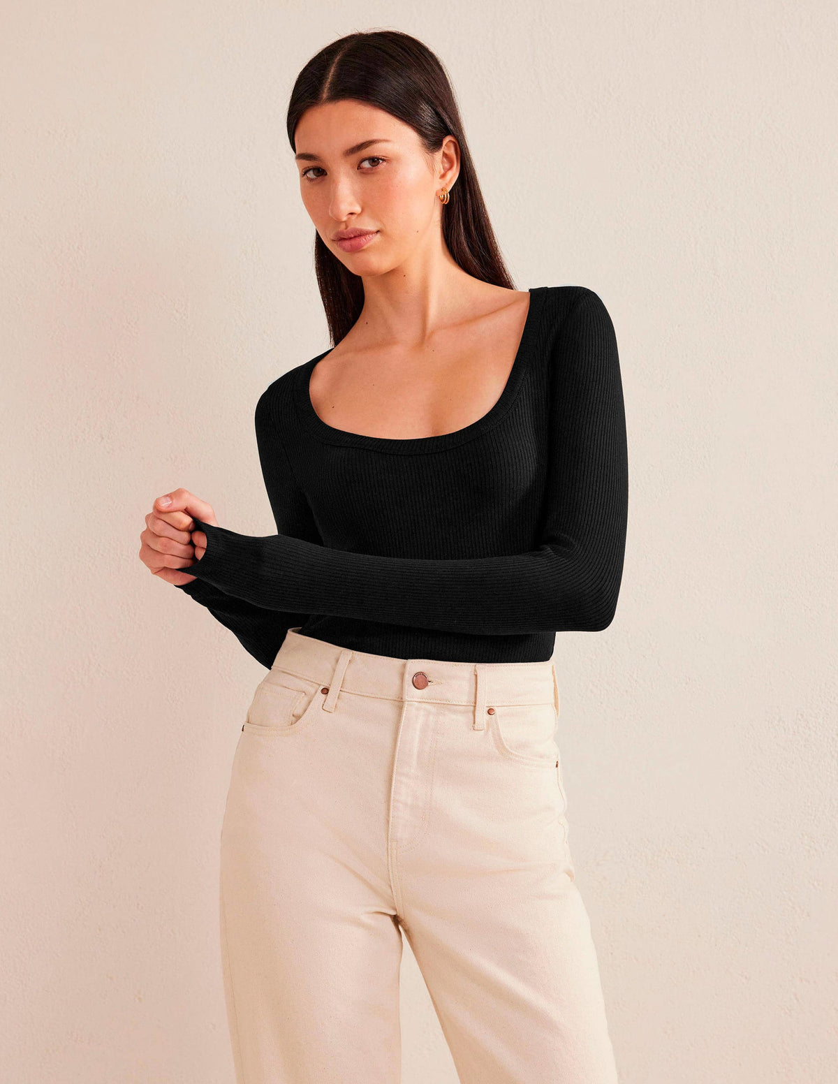 Soft Ribbed Scoop Neck Top-Black-1
