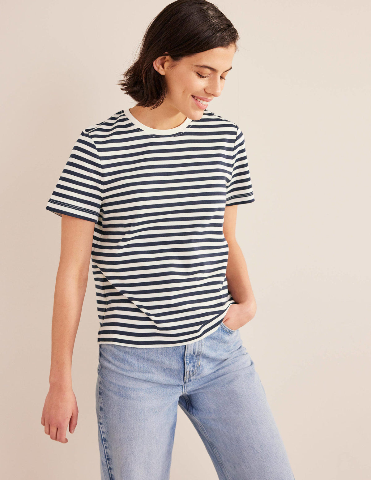Cotton Crew Neck T-Shirt-Ivory / Navy Stripe - Image 1