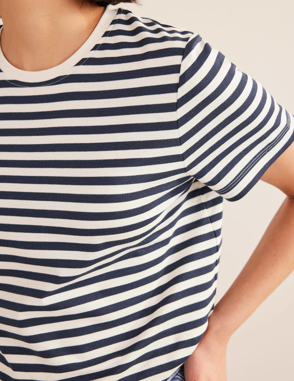 Cotton Crew Neck T-Shirt-Ivory / Navy Stripe - Image 2