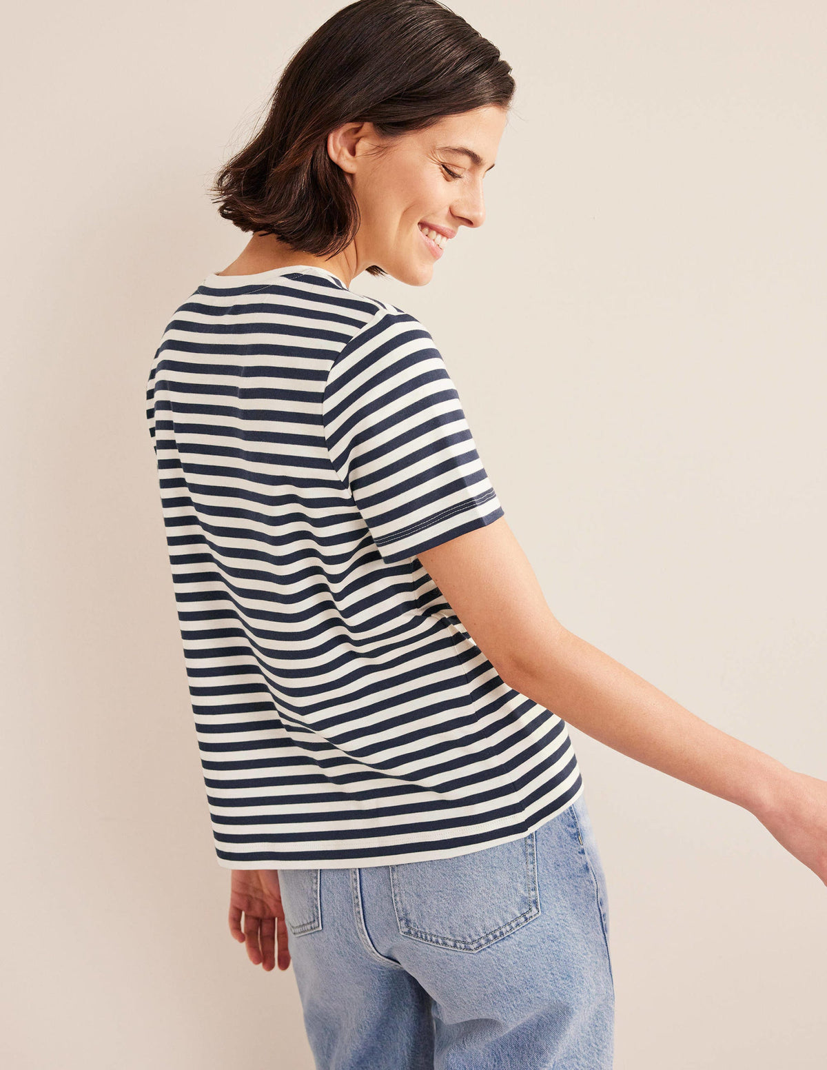 Cotton Crew Neck T-Shirt-Ivory / Navy Stripe - Image 3