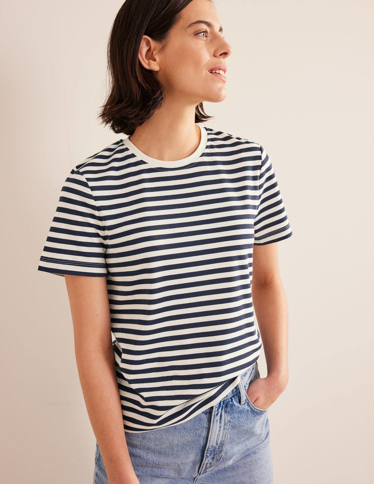 Cotton Crew Neck T-Shirt-Ivory / Navy Stripe - Image 4