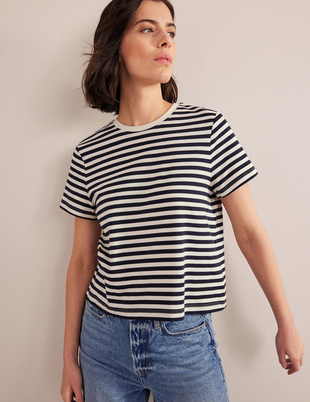 Cropped Cotton T-Shirt-Ivory / Navy Stripe - Image 1
