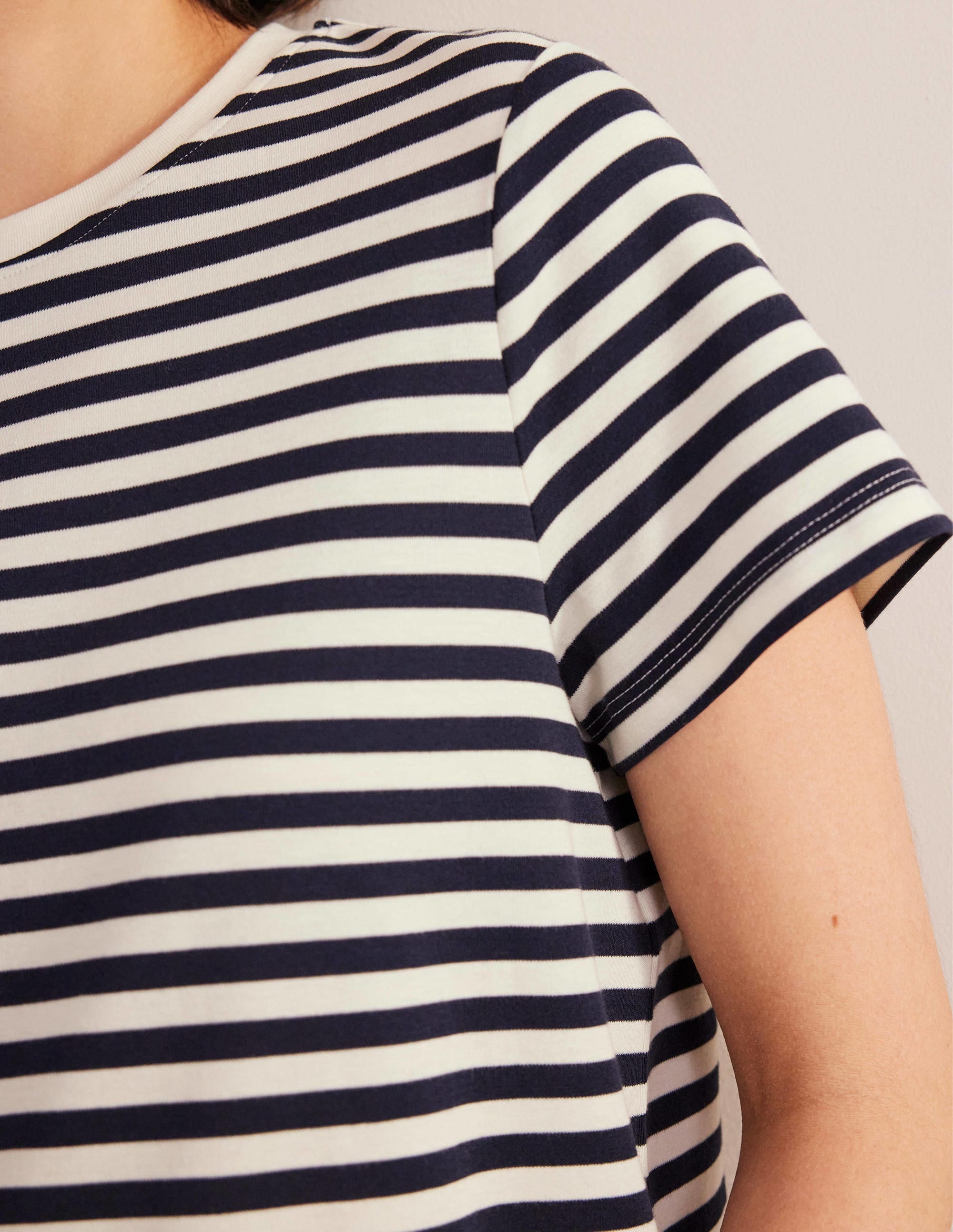 Cropped Cotton T-Shirt-Ivory / Navy Stripe - Image 2