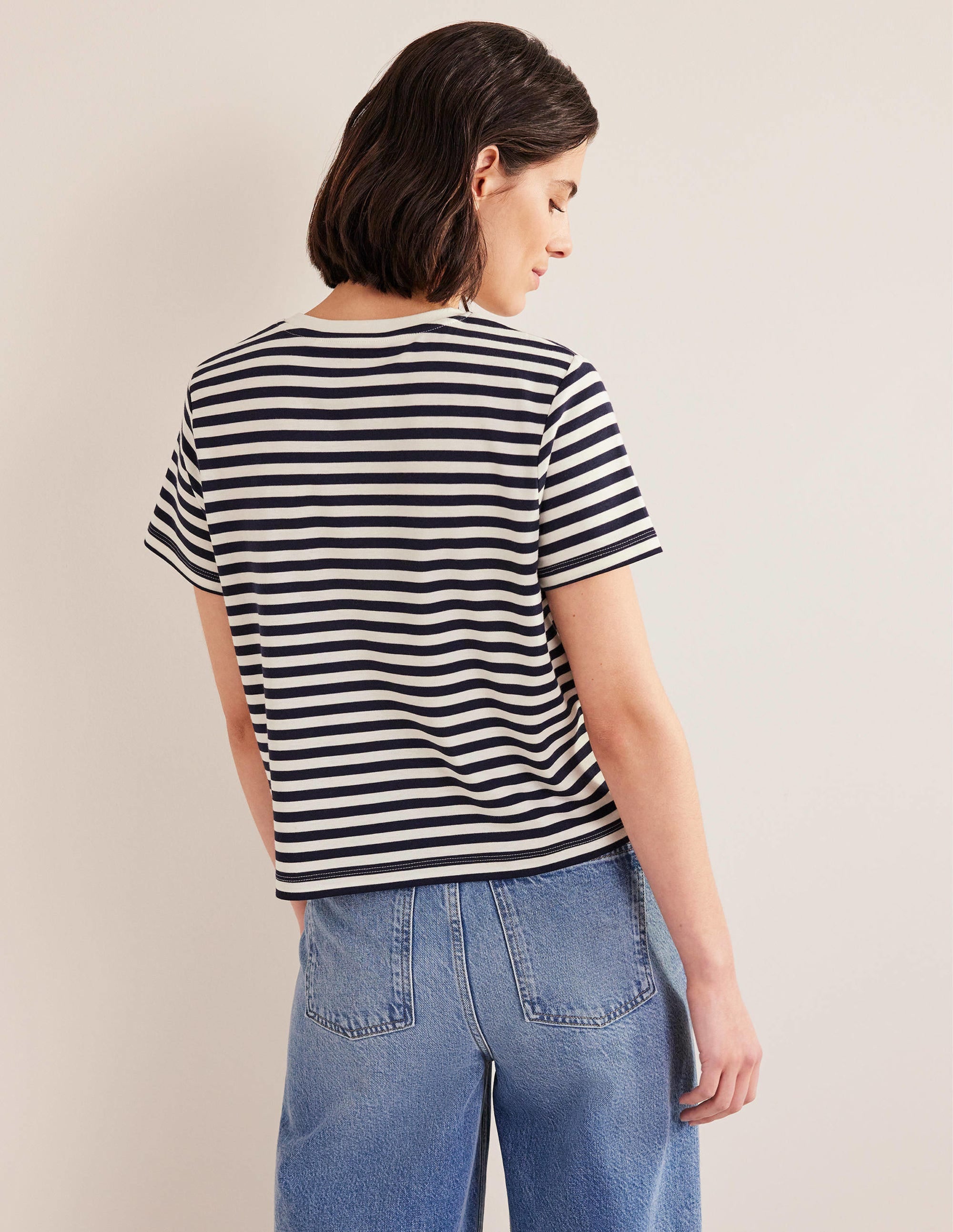 Cropped Cotton T-Shirt-Ivory / Navy Stripe - Image 3