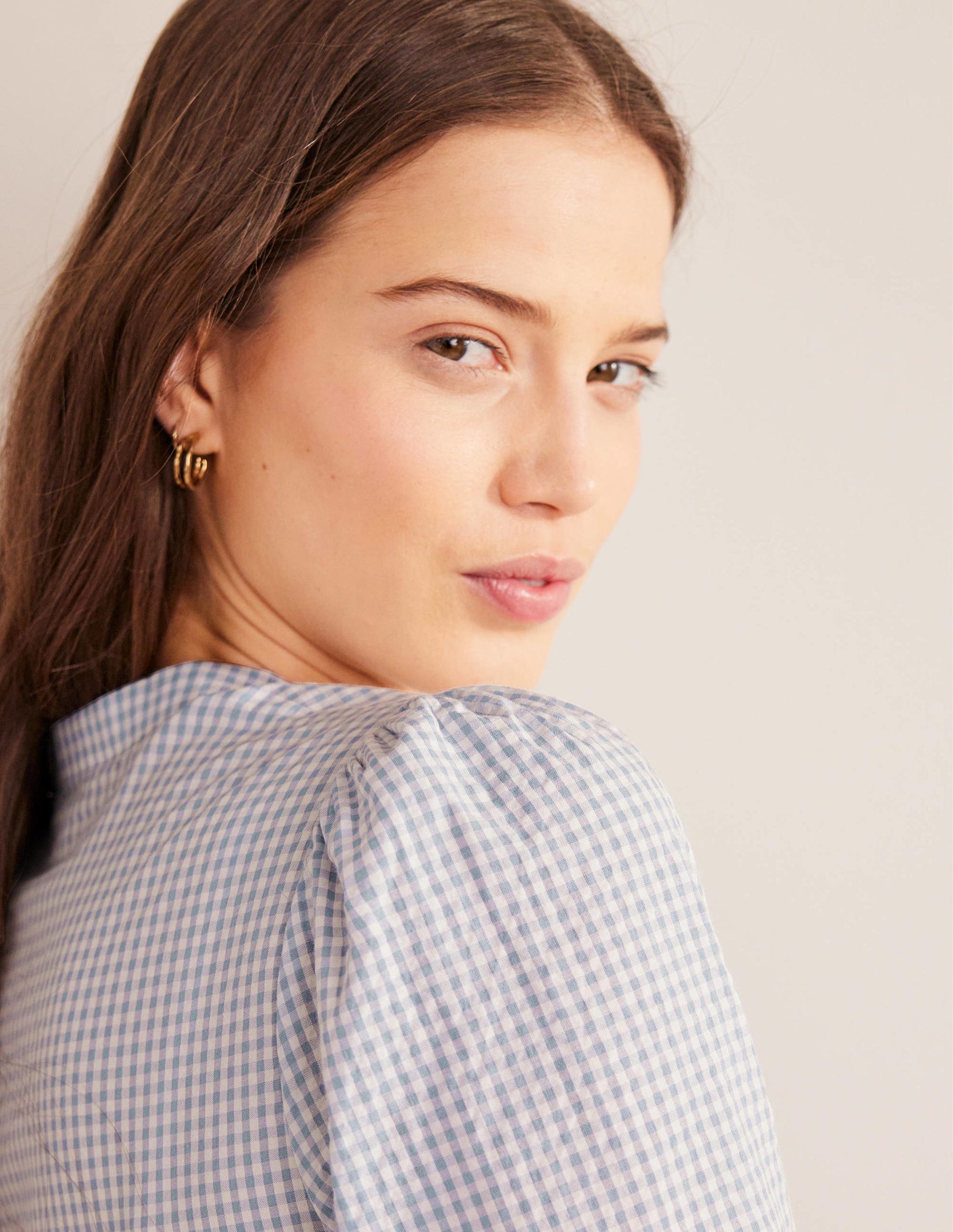 Smocked Cuff Shirt-Blue Blizzard Micro Gingham-2