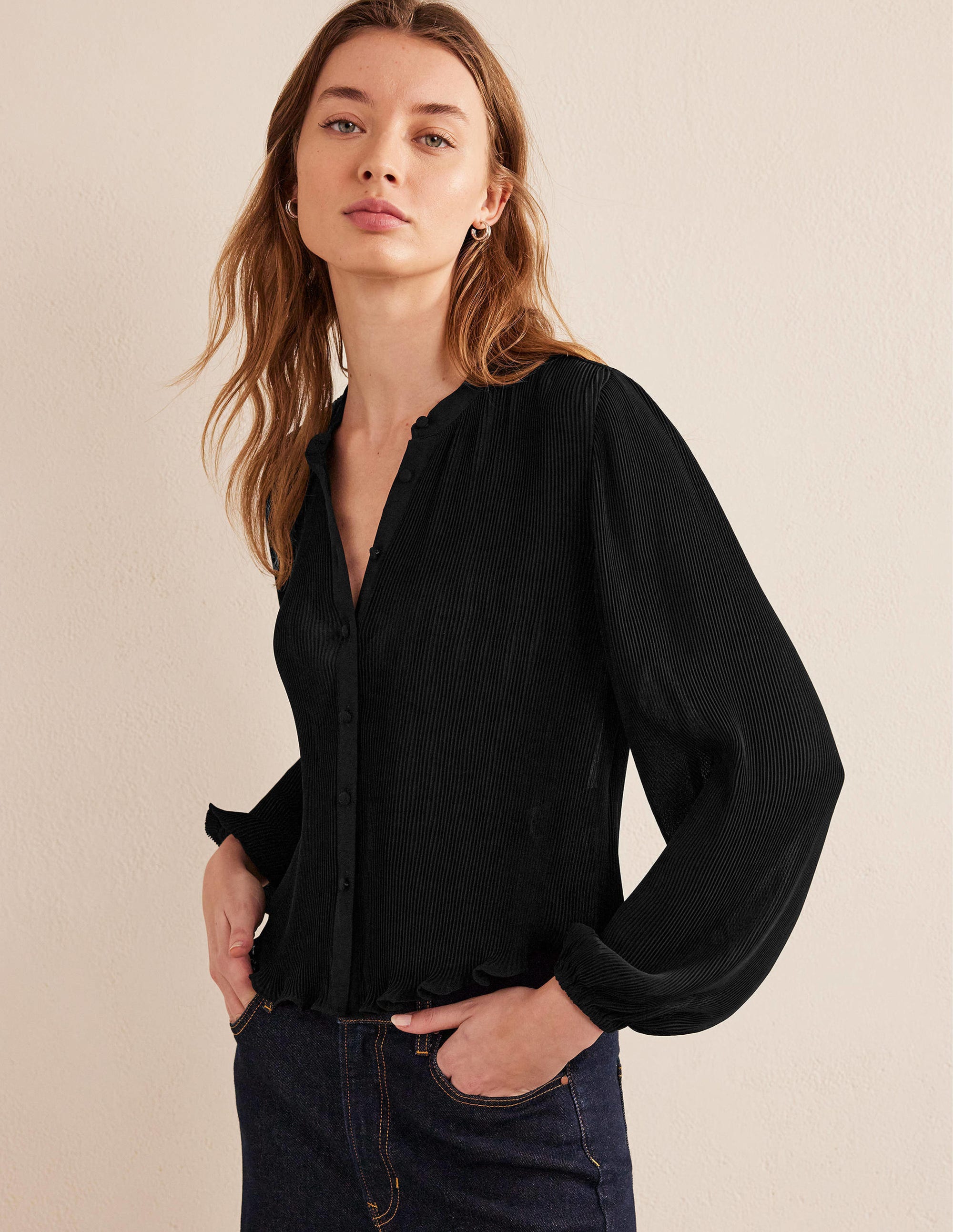 Plisse Pleat Blouse-Black - Image 1