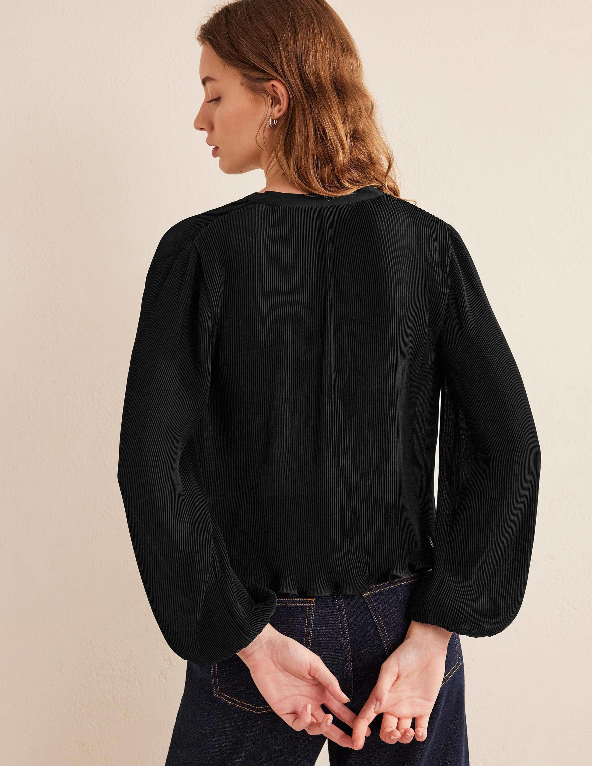 Plisse Pleat Blouse-Black-3